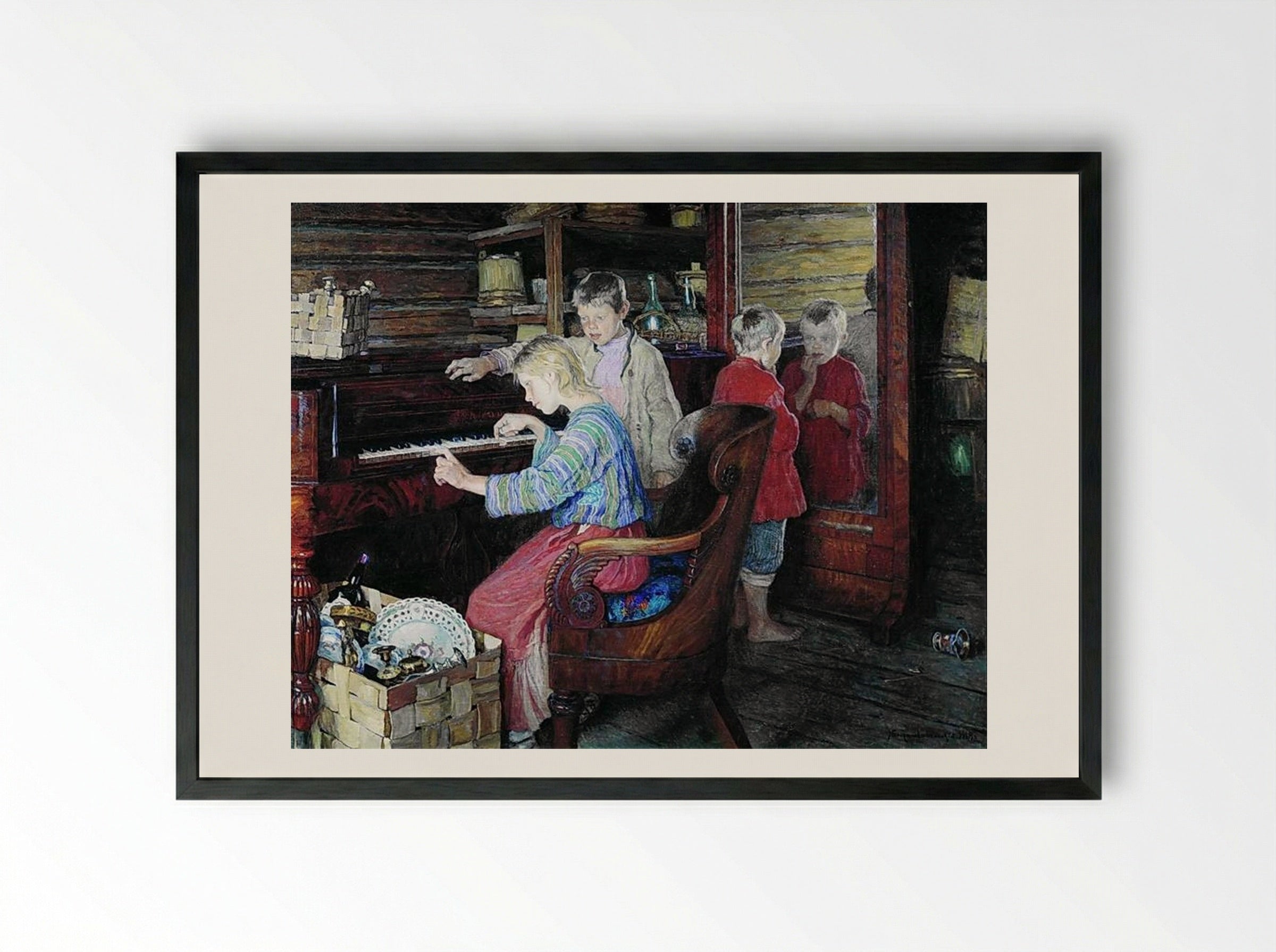 Children at the Piano - Nikolay Bogdanov-Belsky - Framed Print Black