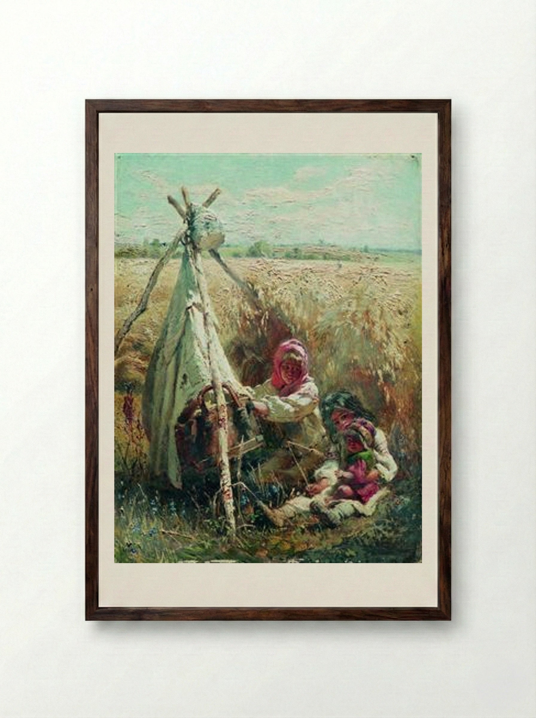 Children in a Field - Konstantin Makovsky - Framed Print Dark Wood
