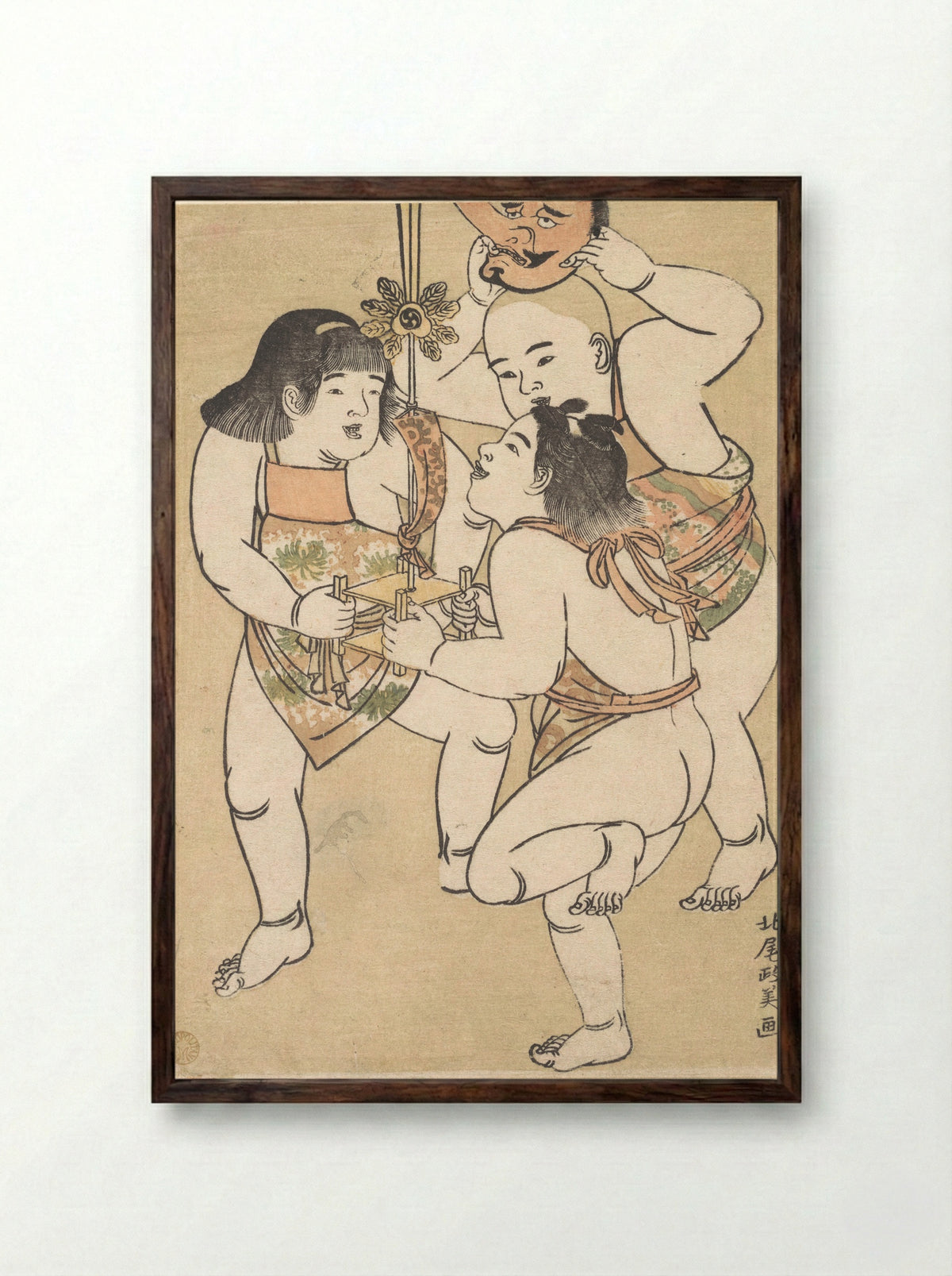 Children in the Sanno Festival - Kuwagata Keisai - Framed Print Dark Wood