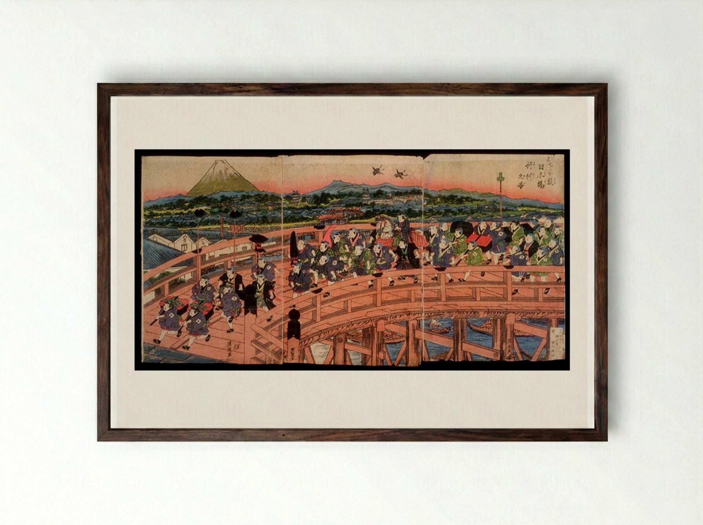 Children's Pastimes: A Procession on Nihon Bridge - Keisai Eisen - Framed Print Dark Wood