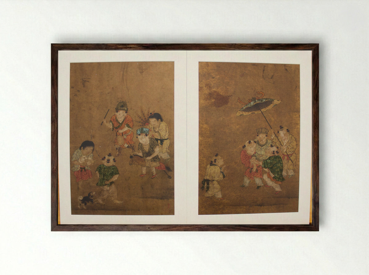 Chinese Children at Play - Isei - Framed Print Dark Wood