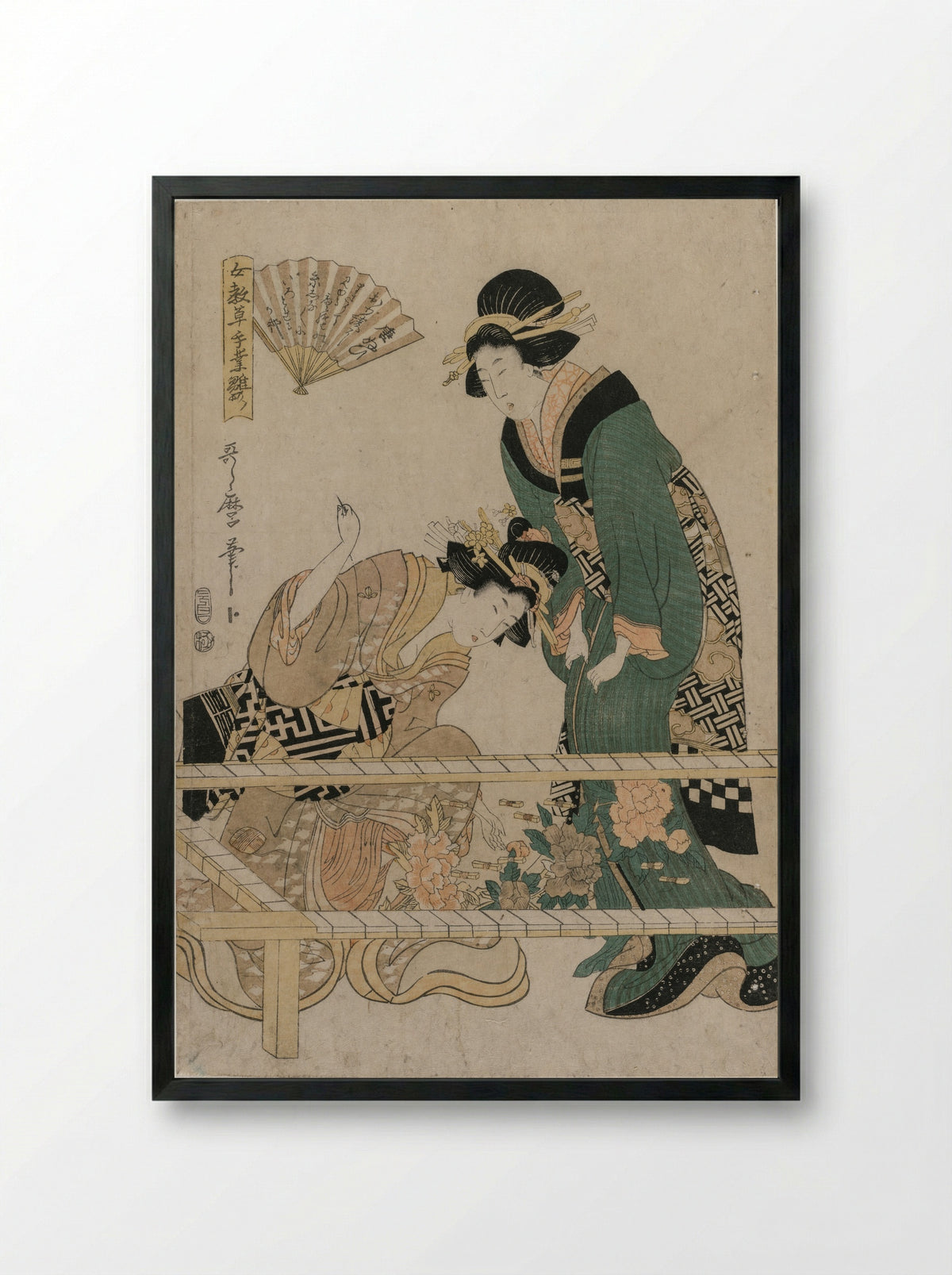 Chinese Embroidery (from the series Instructive Patterns for Women's Handicraft) - Kitagawa Utamaro II - Framed Print Black