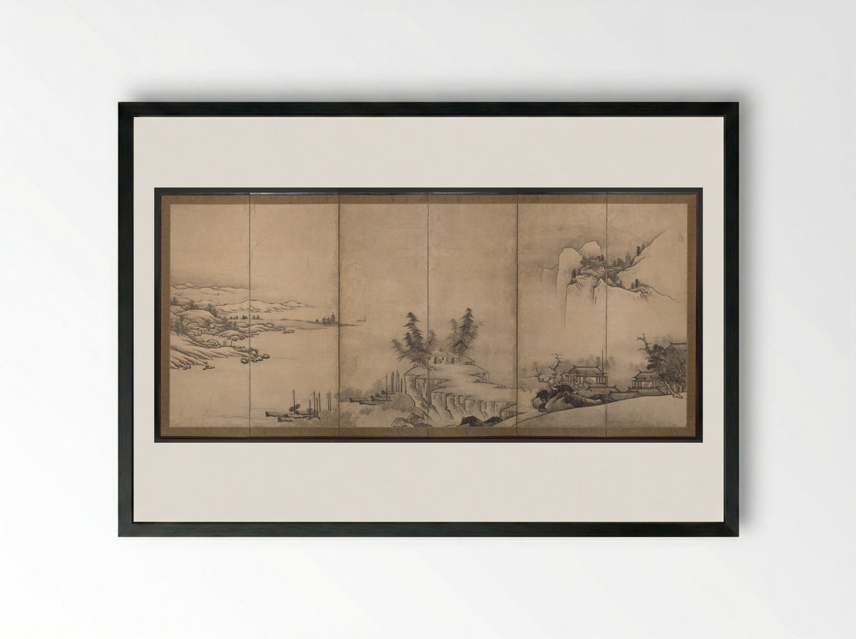 Chinese Pavilions in a Landscape - Unkoku Tōeki - Framed Print Black