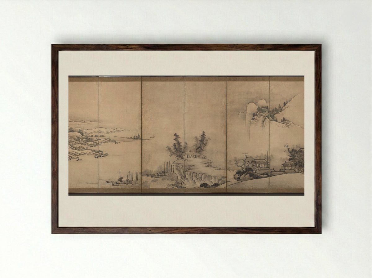 Chinese Pavilions in a Landscape - Unkoku Tōeki - Framed Print Dark Wood