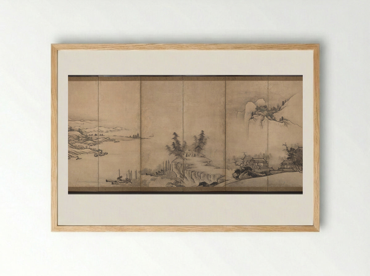 Chinese Pavilions in a Landscape - Unkoku Tōeki - Framed Print Wood