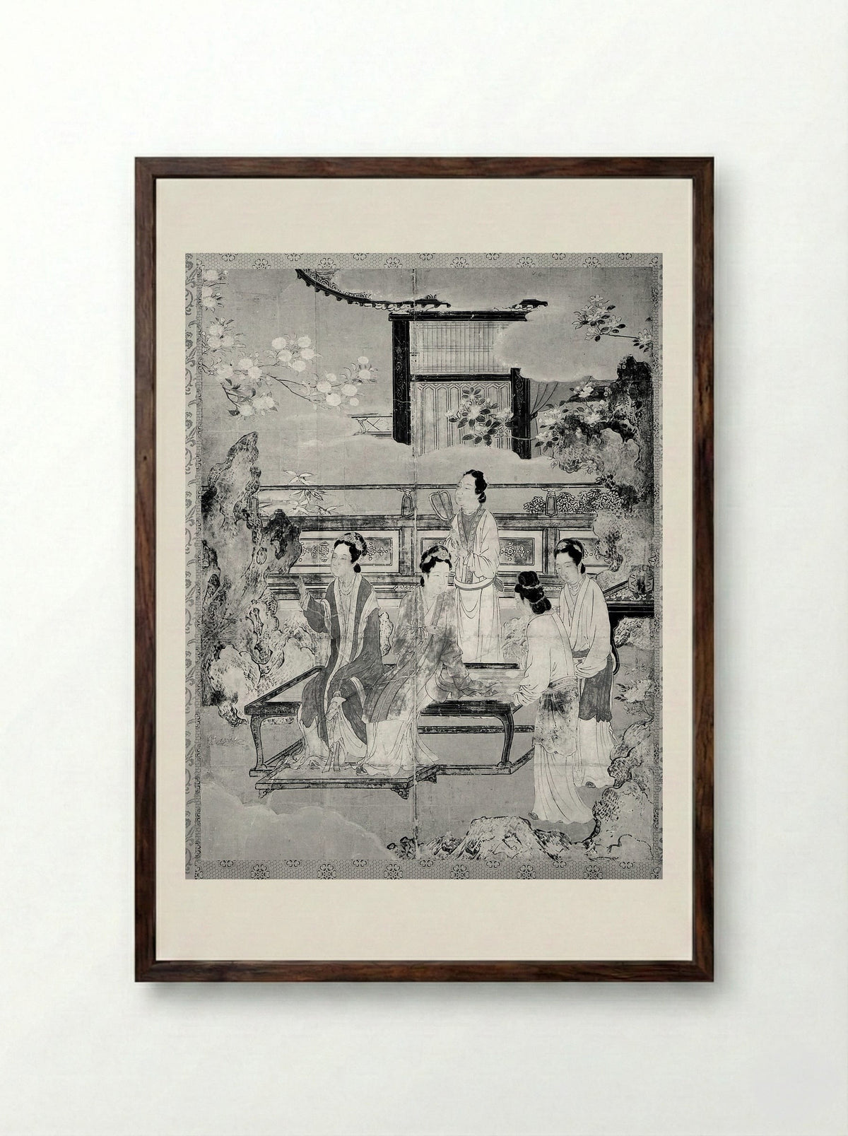 Chinese Women in a Palace Garden - Kano Eitoku - Framed Print Dark Wood