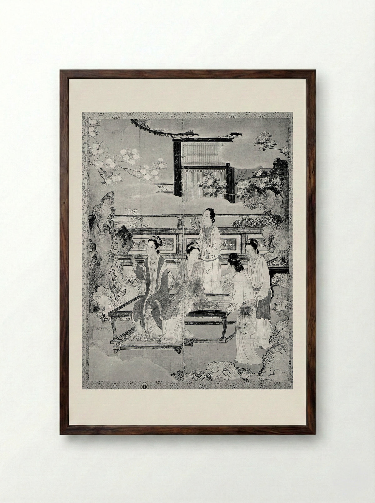Chinese Women in a Palace Garden - Kano Eitoku - Framed Print Dark Wood
