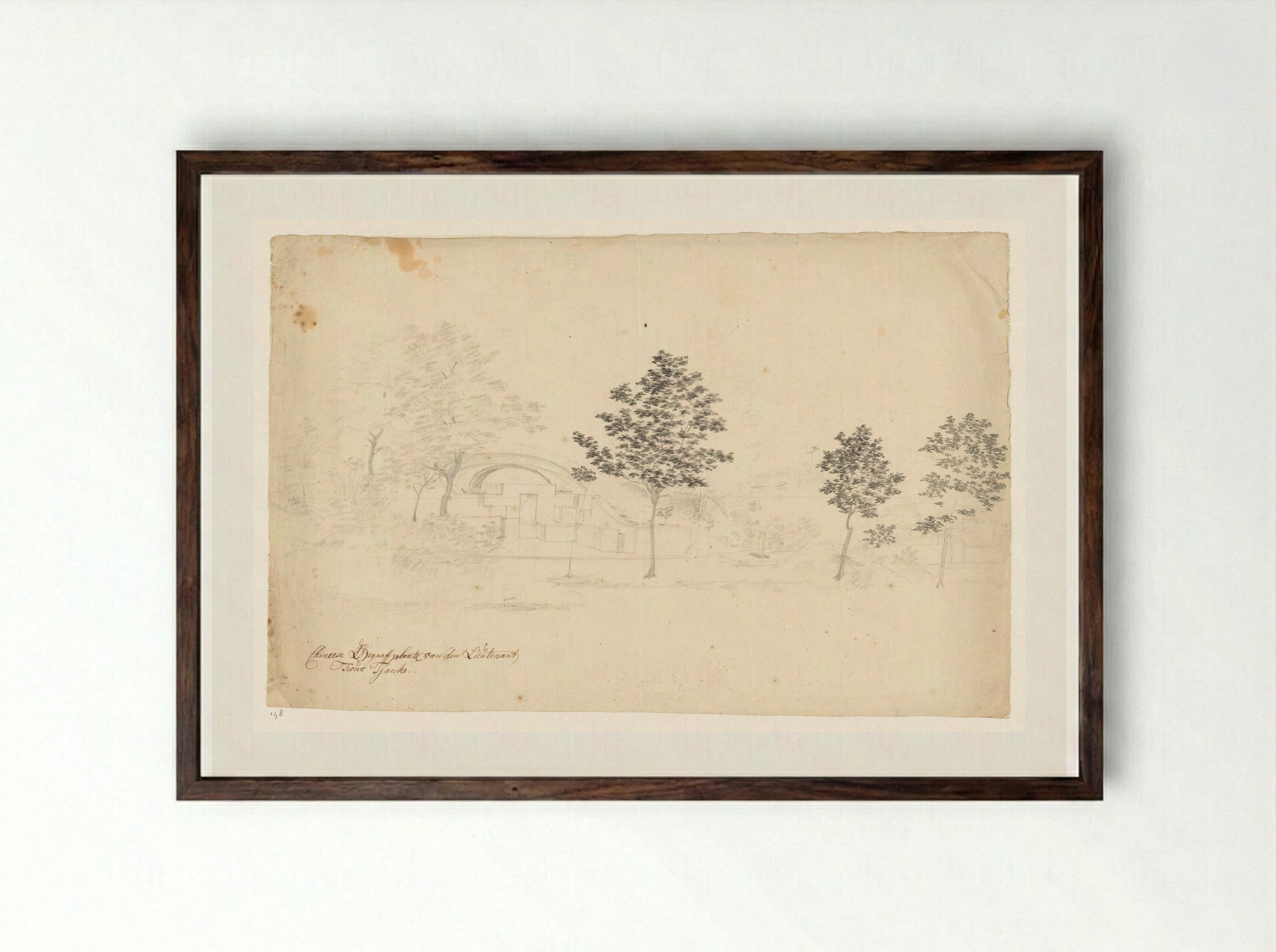 Chinese begraafplaats met graf van luitenant Kouw Tjanko - Jan Brandes - Framed Print Dark Wood