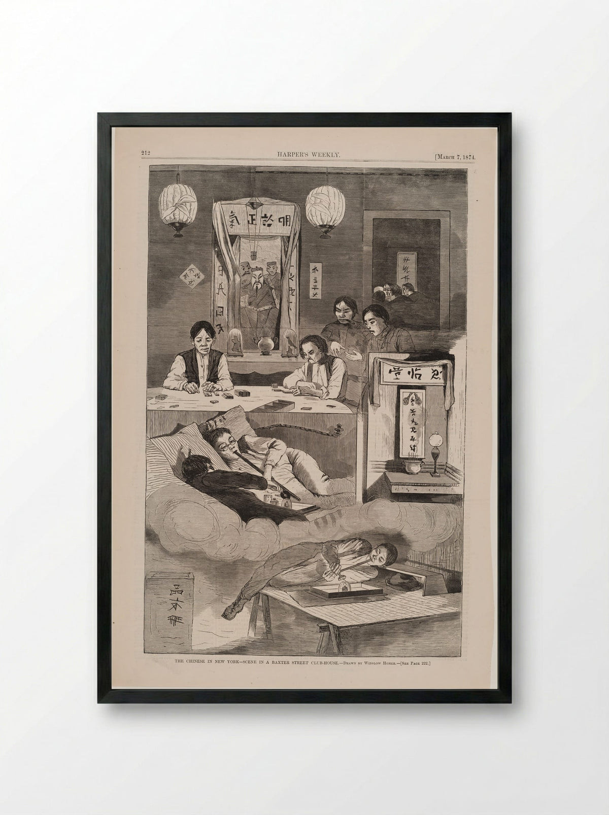 Chinese in New York - Scene in a Baxter Street Club-house - Winslow Homer - Framed Print Black