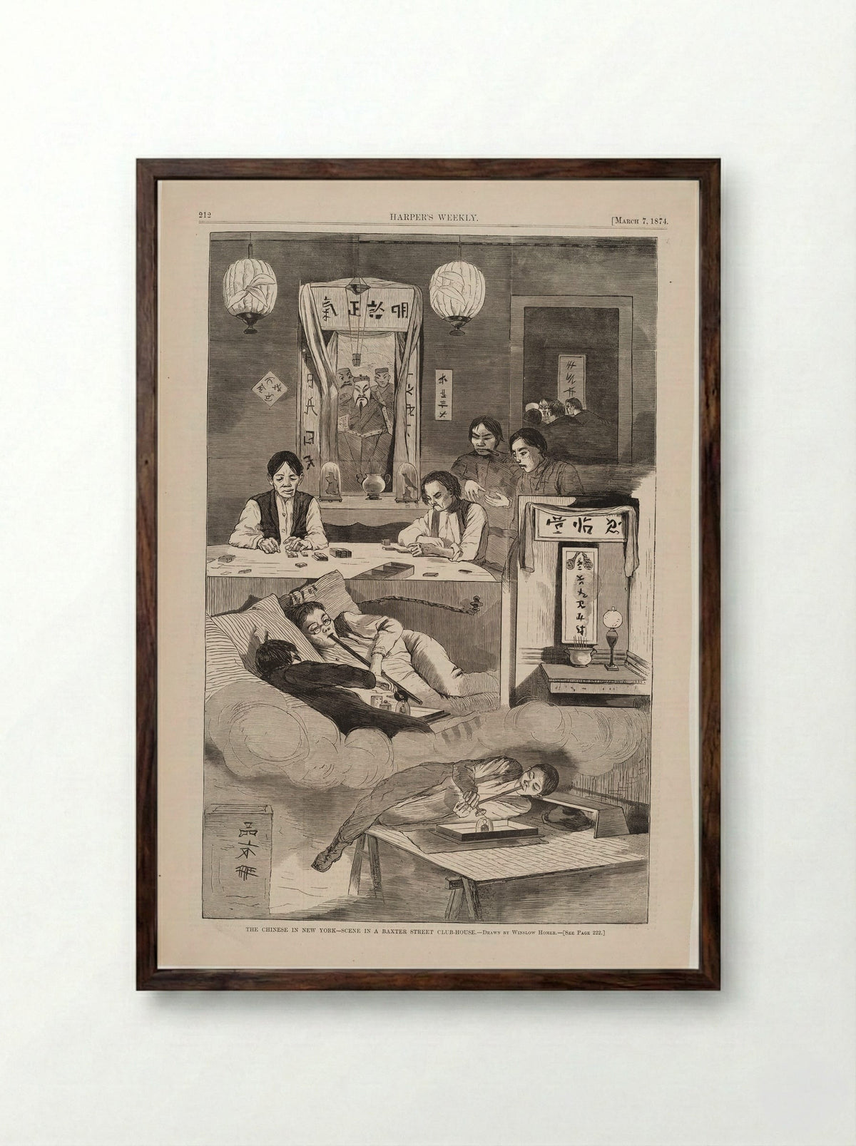 Chinese in New York - Scene in a Baxter Street Club-house - Winslow Homer - Framed Print Dark Wood
