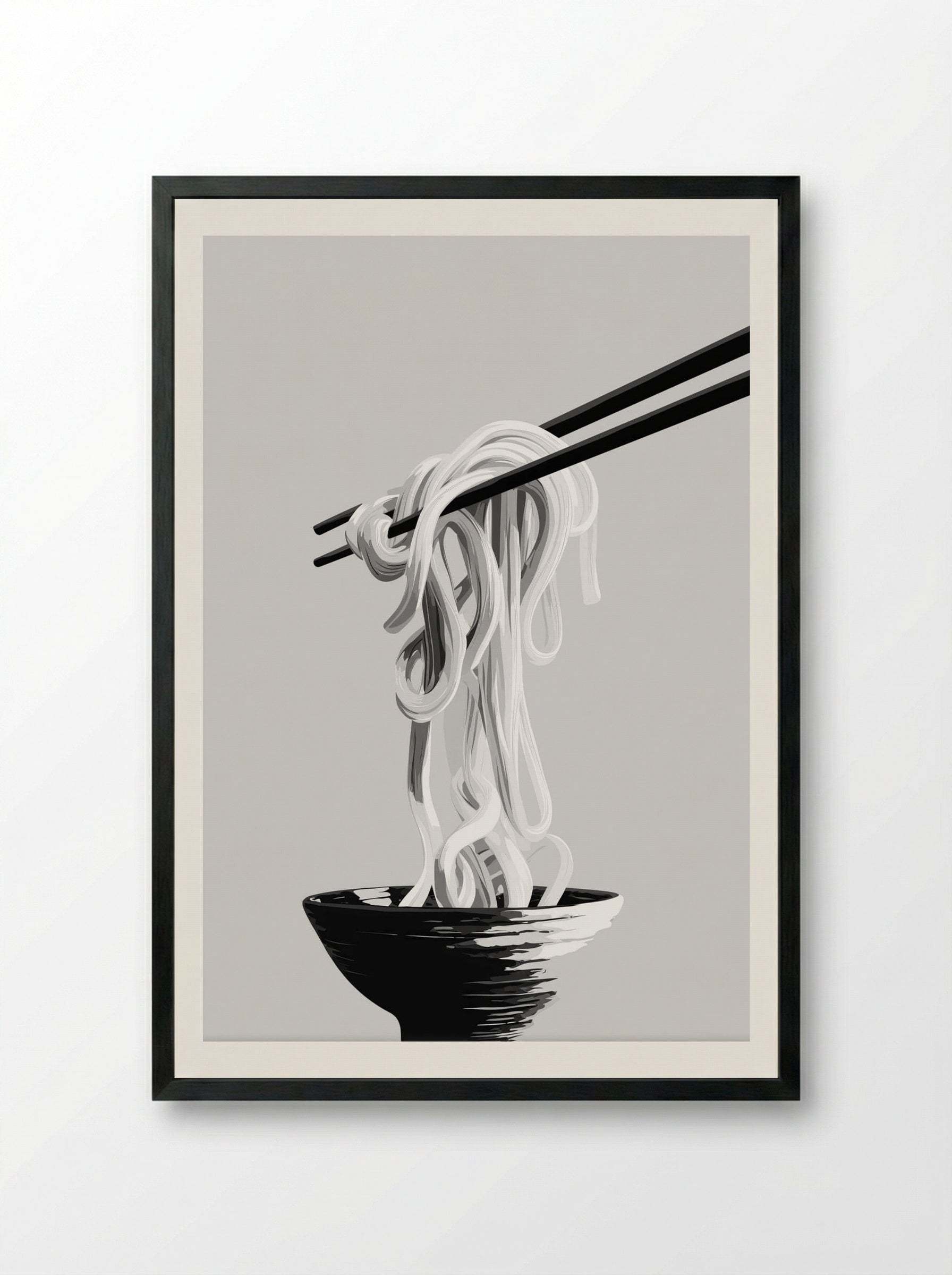 Chopsticks & Noodles – Minimalist Monochrome Food Print.png - Framed Print Black
