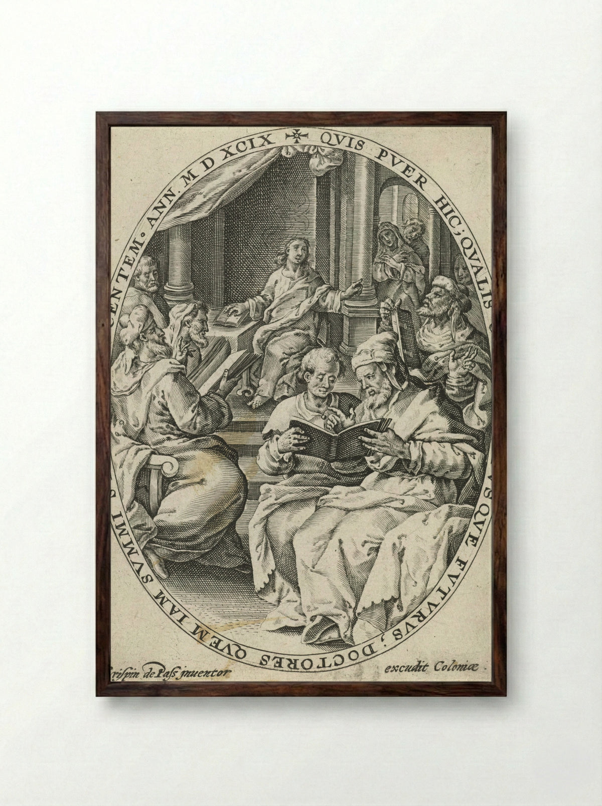 Christ Among the Doctors - Crispijn van de Passe (I) - Framed Print Dark Wood