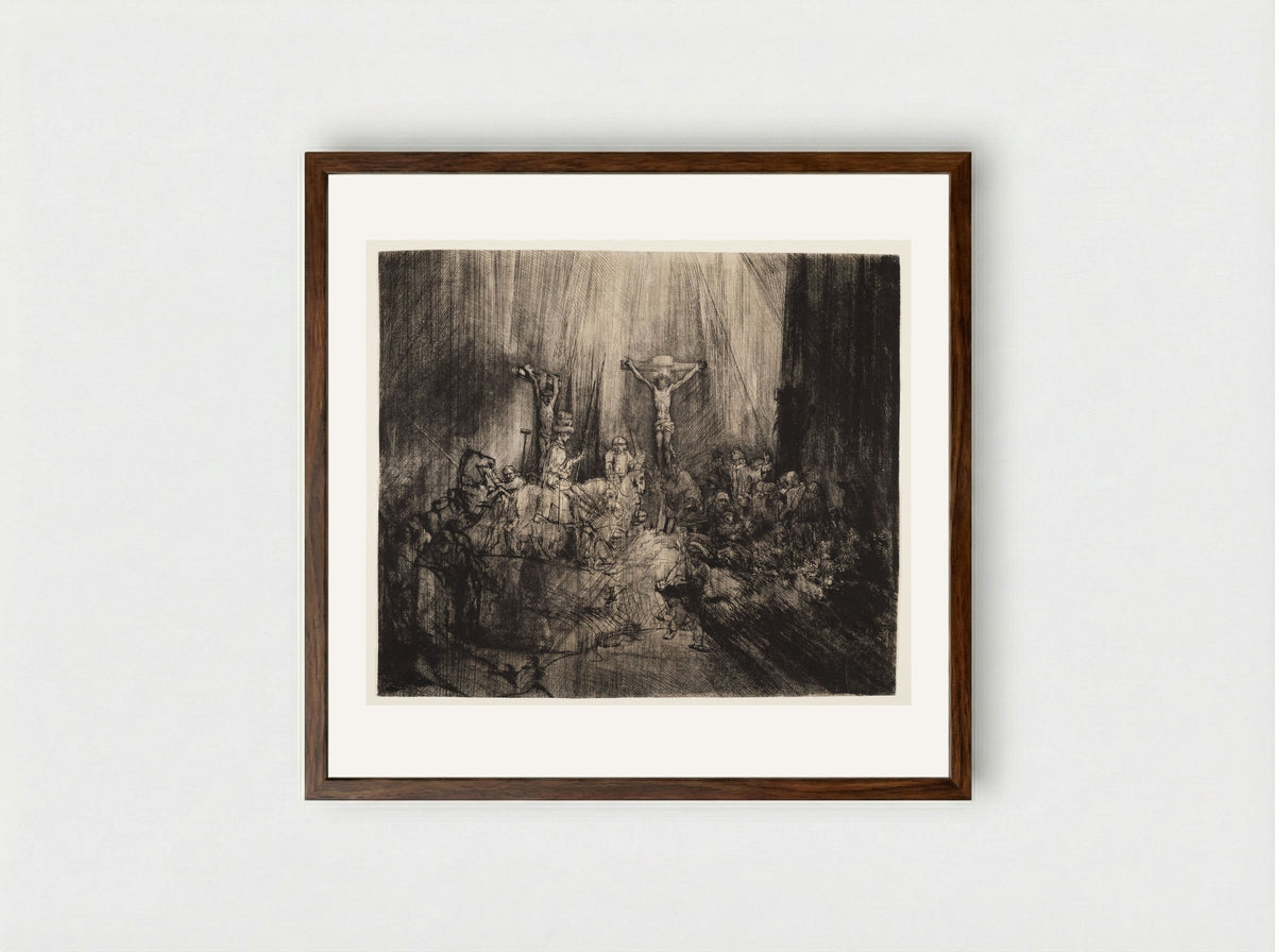 Christ Crucified between the Two Thieves - Rembrandt Harmensz. van Rijn - Framed Print Dark Wood