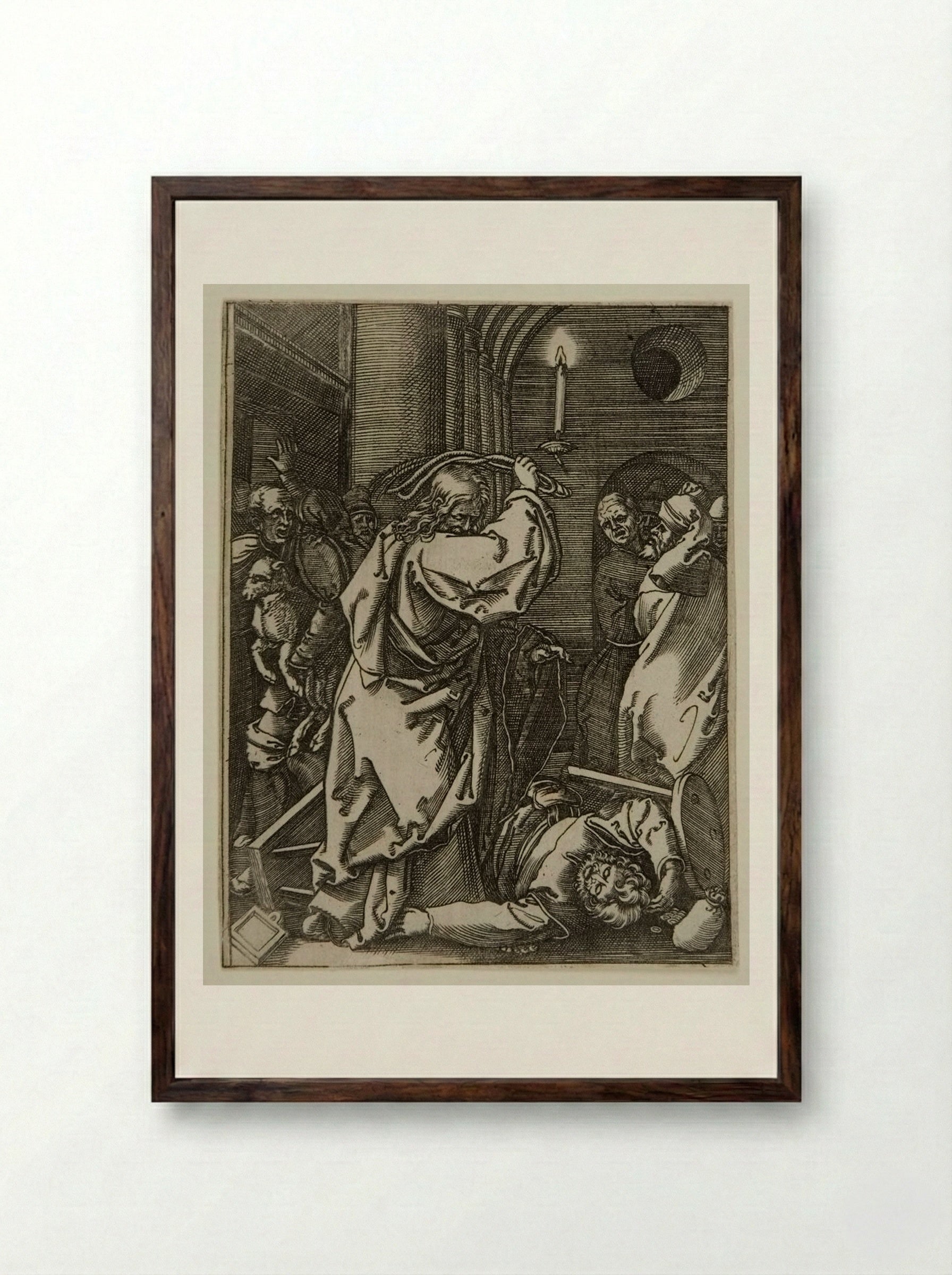 Christ Driving the Money Changers from the Temple - Marcantonio Raimondi - Framed Print Dark Wood