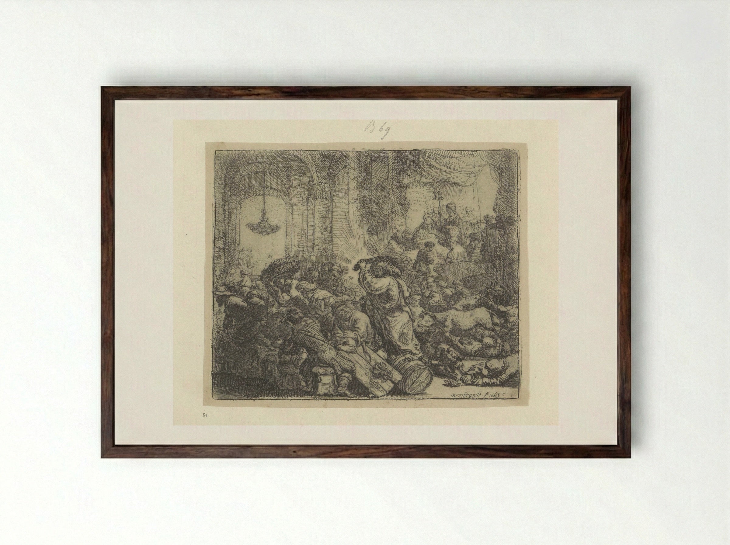 Christ Driving the Money Changers from the Temple - Rembrandt van Rijn - Framed Print Dark Wood