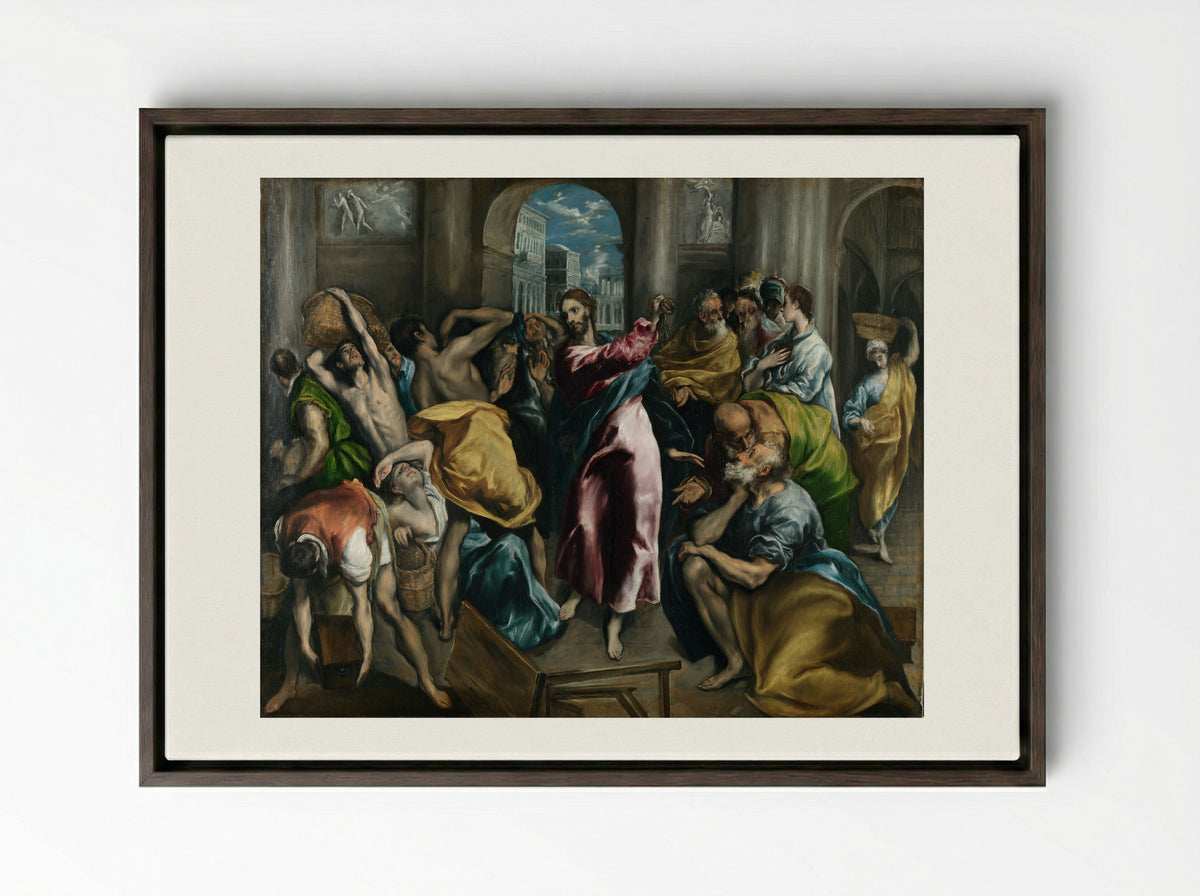 Christ Driving the Traders from the Temple - El Greco - Framed Canvas Dark Wood