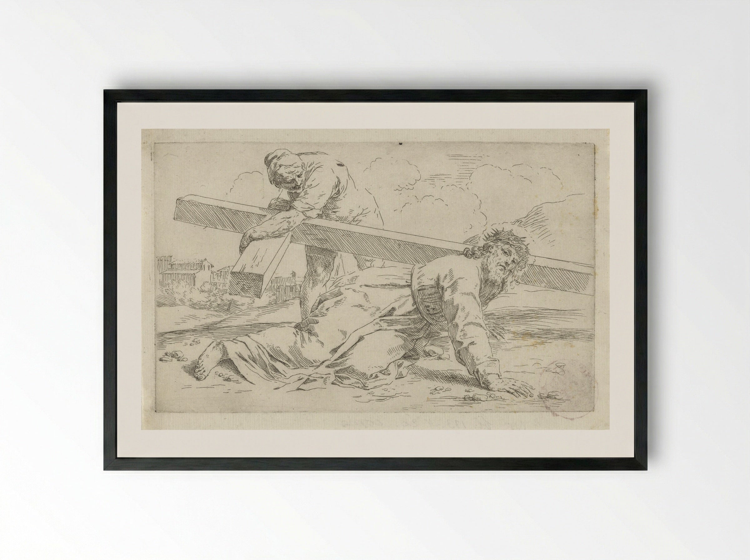 Christ Falling Under the Weight of the Cross - Simone Cantarini - Framed Print Black