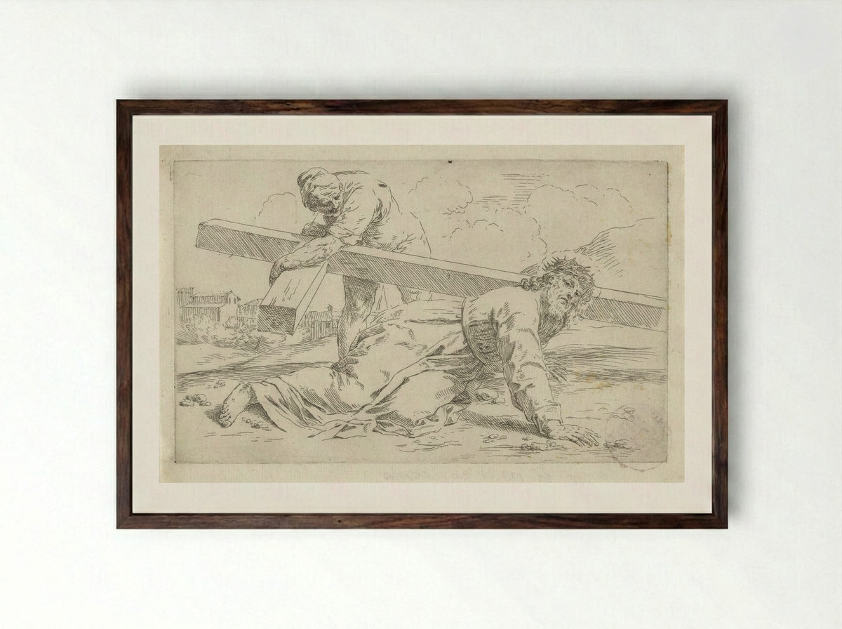 Christ Falling Under the Weight of the Cross - Simone Cantarini - Framed Print Dark Wood
