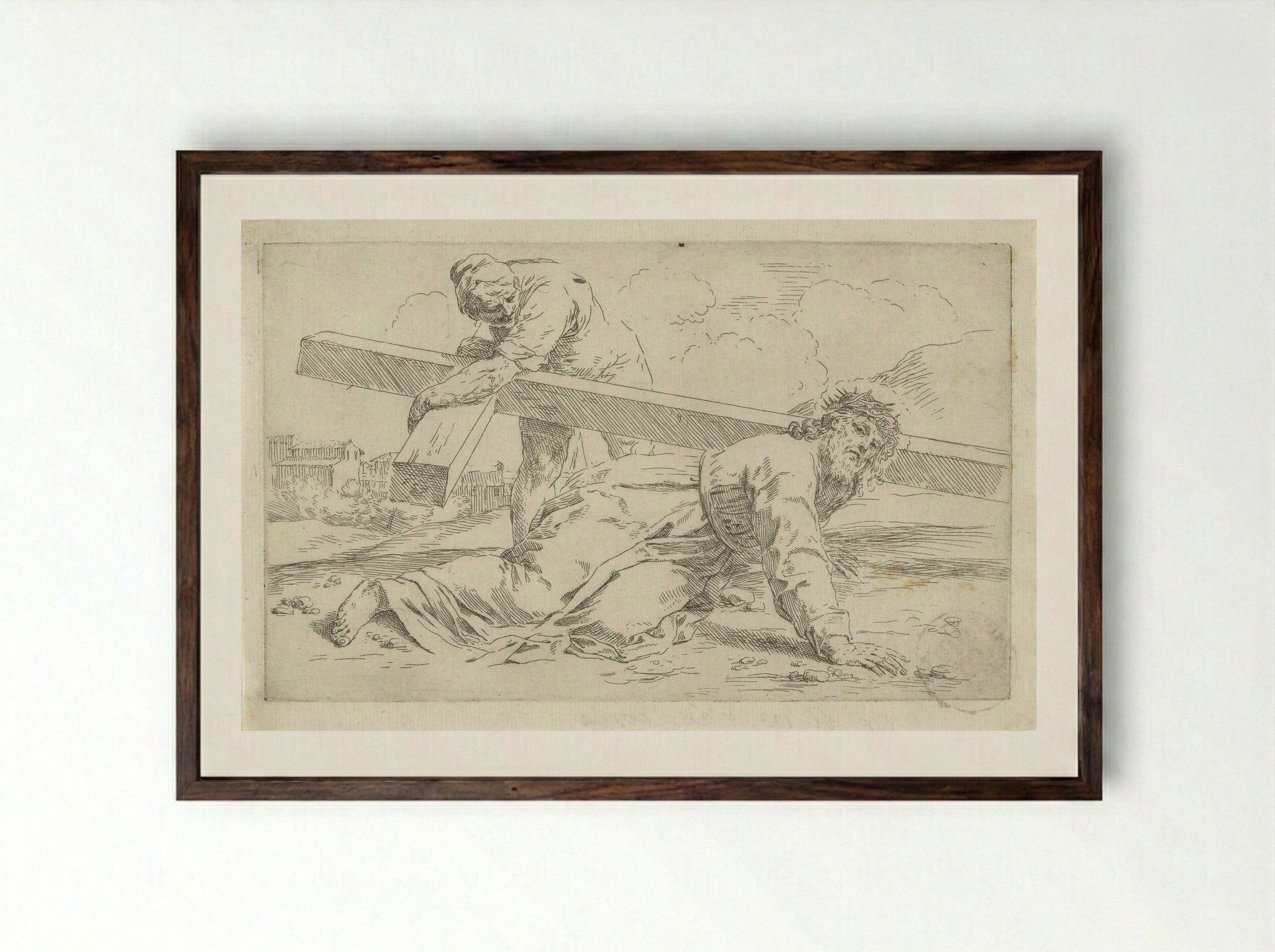 Christ Falling Under the Weight of the Cross - Simone Cantarini - Framed Print Dark Wood