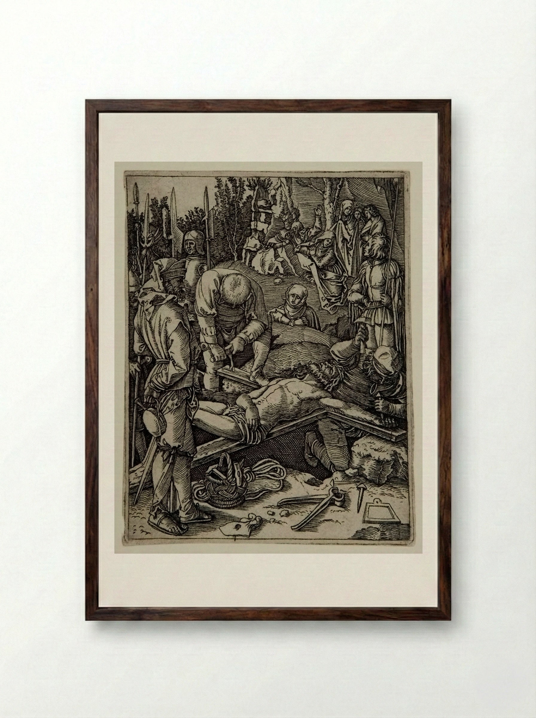 Christ Nailed to the Cross - Marcantonio Raimondi - Framed Print Dark Wood