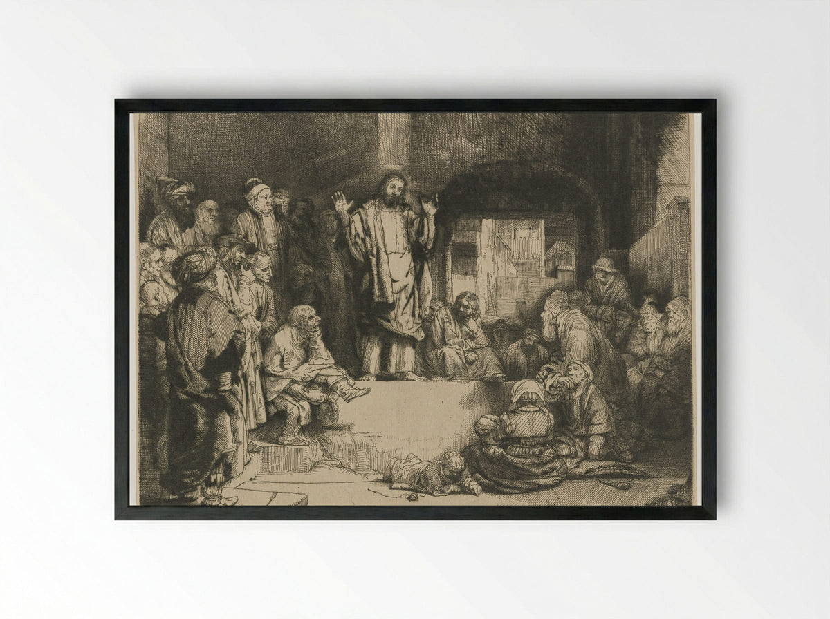 Christ Preaching (The Hundred Guilder Print) - Rembrandt van Rijn - Framed Print Black