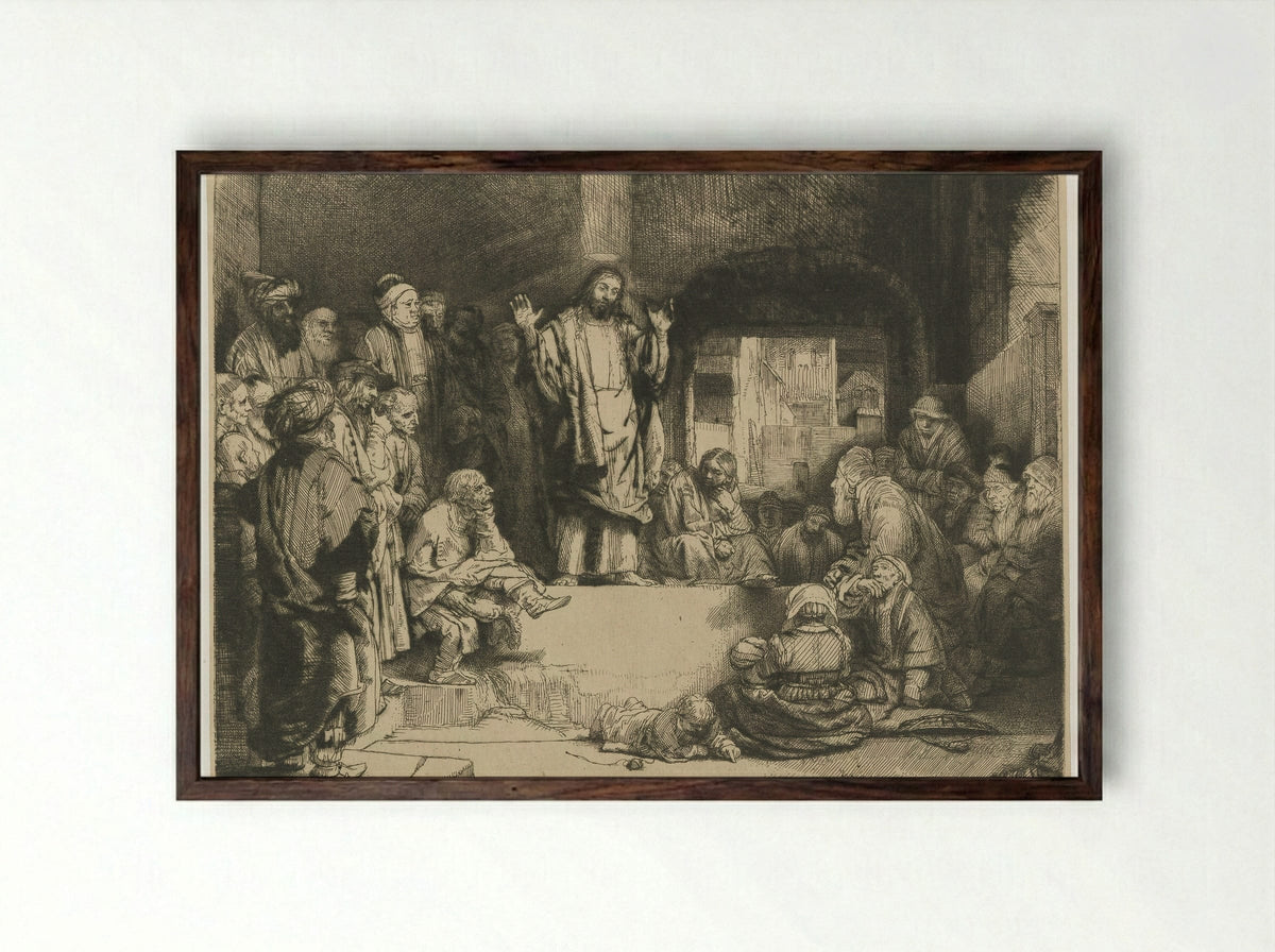 Christ Preaching (The Hundred Guilder Print) - Rembrandt van Rijn - Framed Print Dark Wood