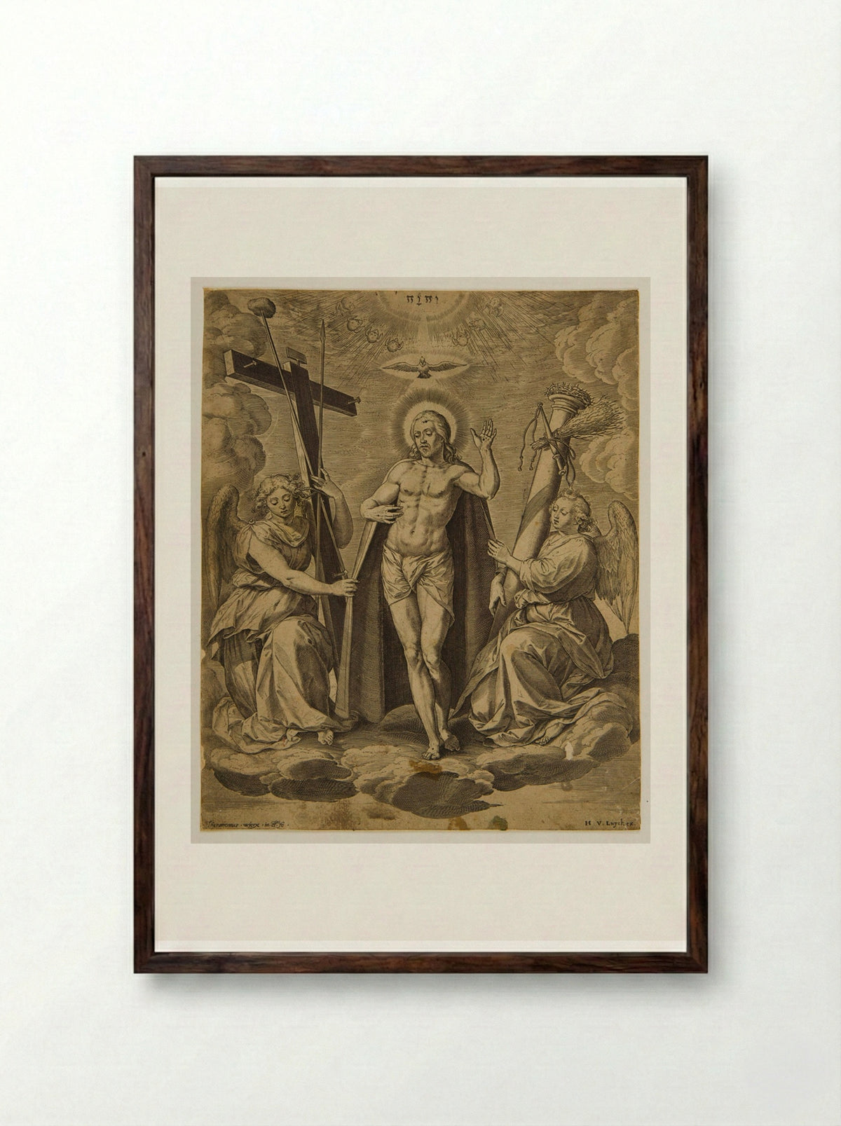 Christ Standing between Two Angels who Support the Instruments of the Passion - Hieronymus Wierix - Framed Print Dark Wood