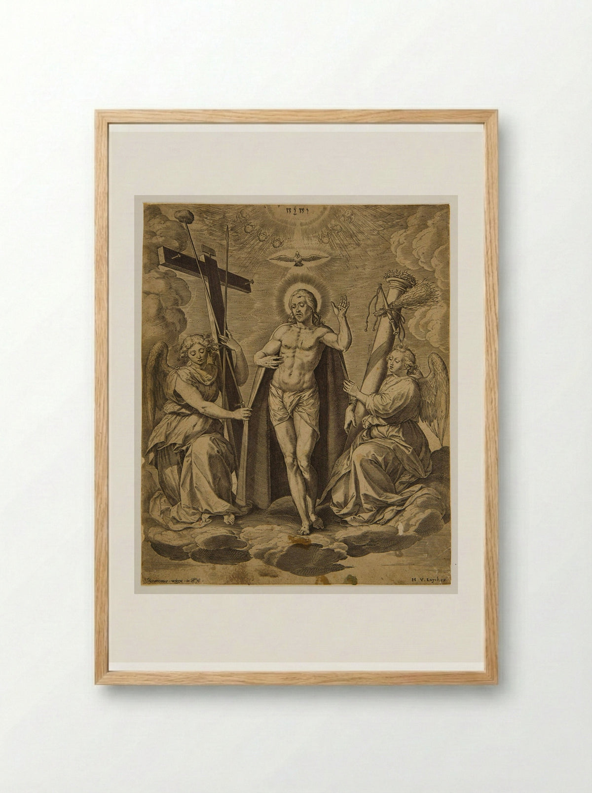 Christ Standing between Two Angels who Support the Instruments of the Passion - Hieronymus Wierix - Framed Print Wood
