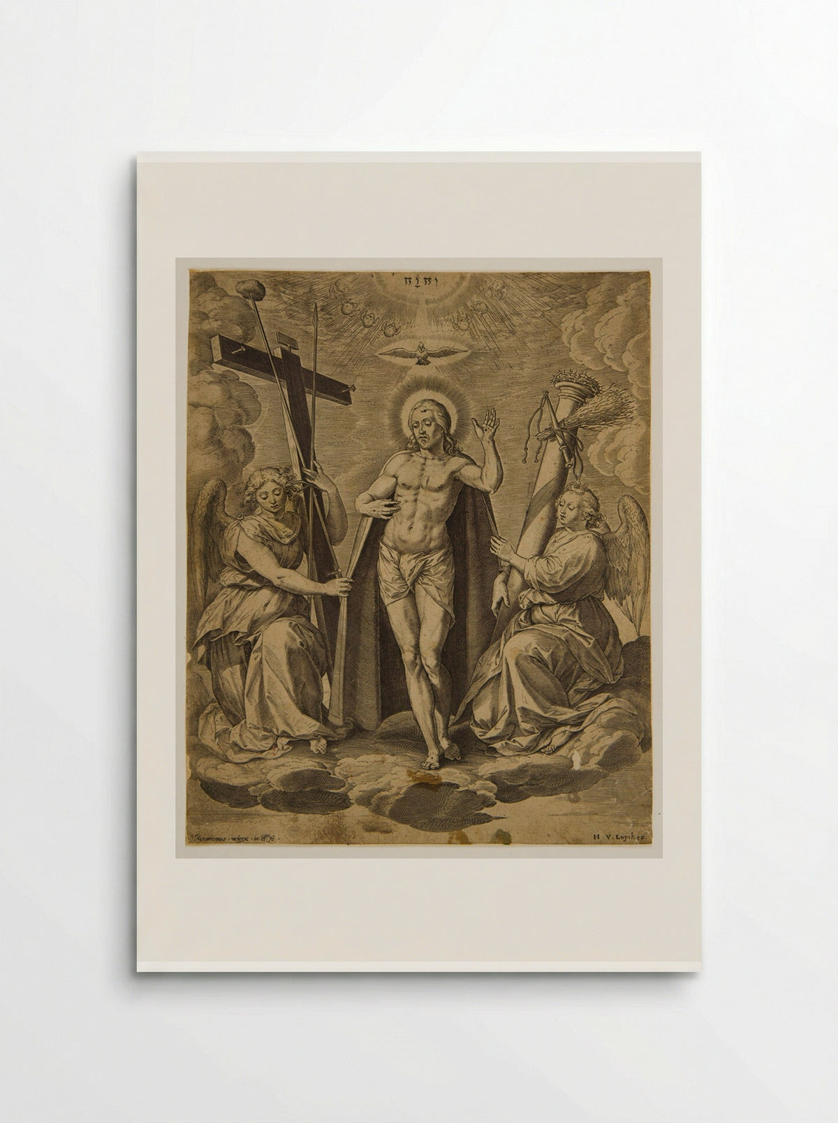 Christ Standing between Two Angels who Support the Instruments of the Passion - Hieronymus Wierix - Poster