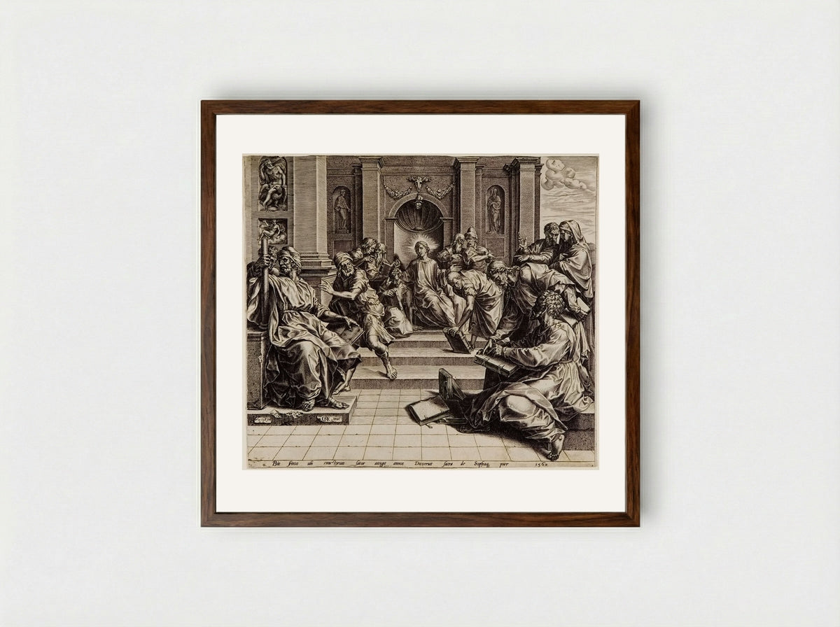 Christ among the Doctors - Cornelis Cort - Framed Print Dark Wood