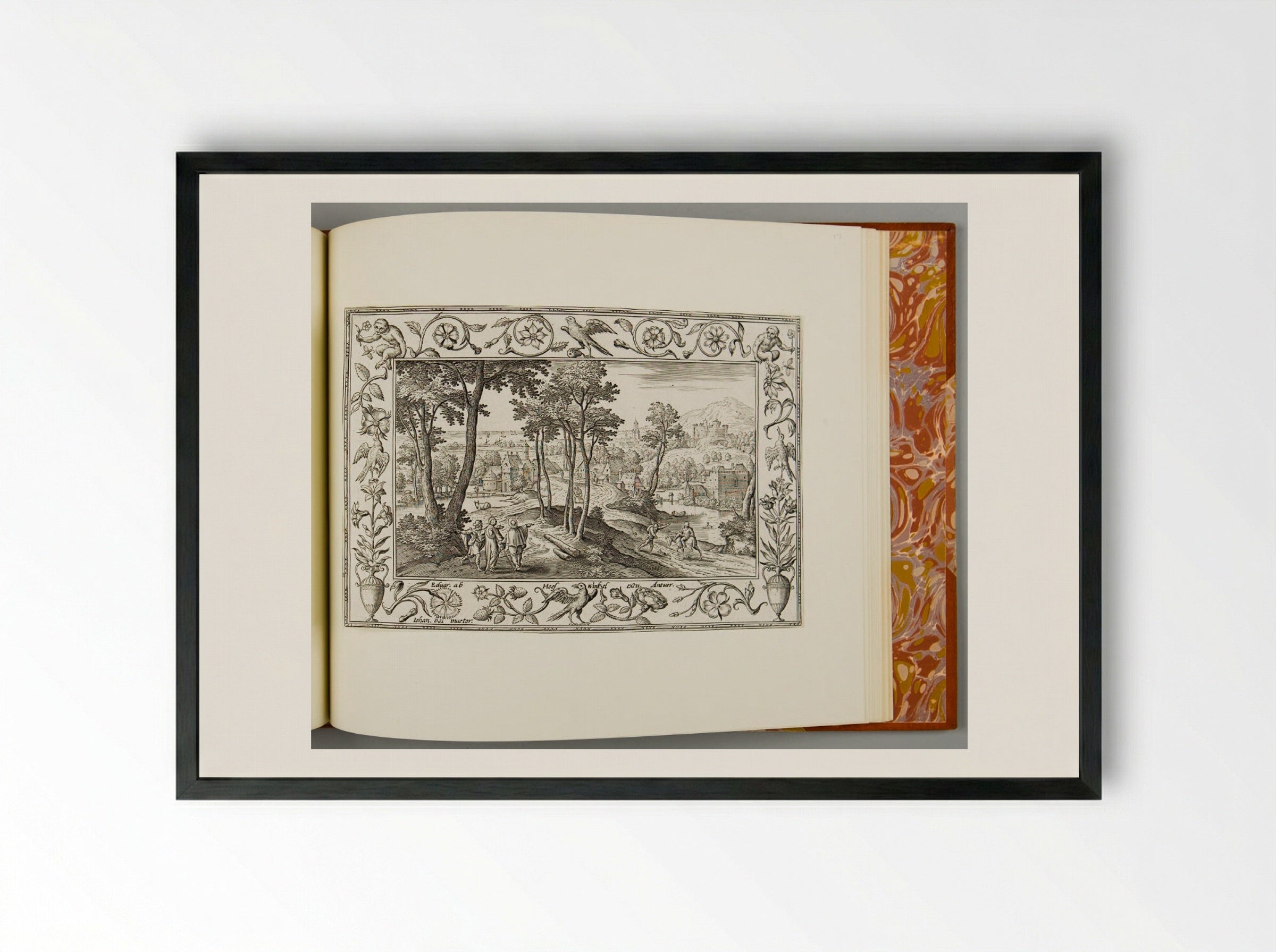 Christ and the Apostles on the Road to Emmaus, with Birds and Monkeys - Adriaen Collaert - Framed Print Black