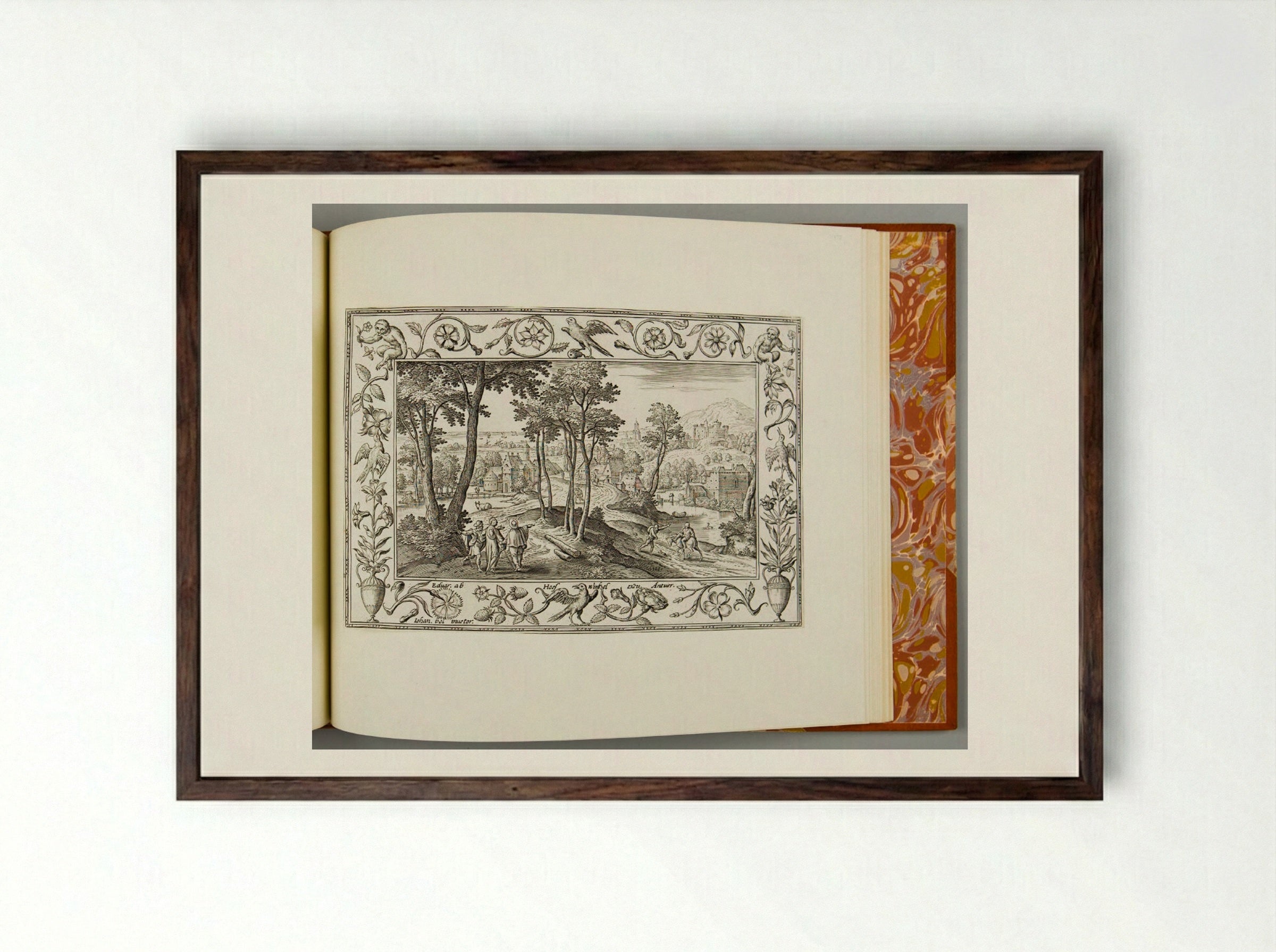 Christ and the Apostles on the Road to Emmaus, with Birds and Monkeys - Adriaen Collaert - Framed Print Dark Wood