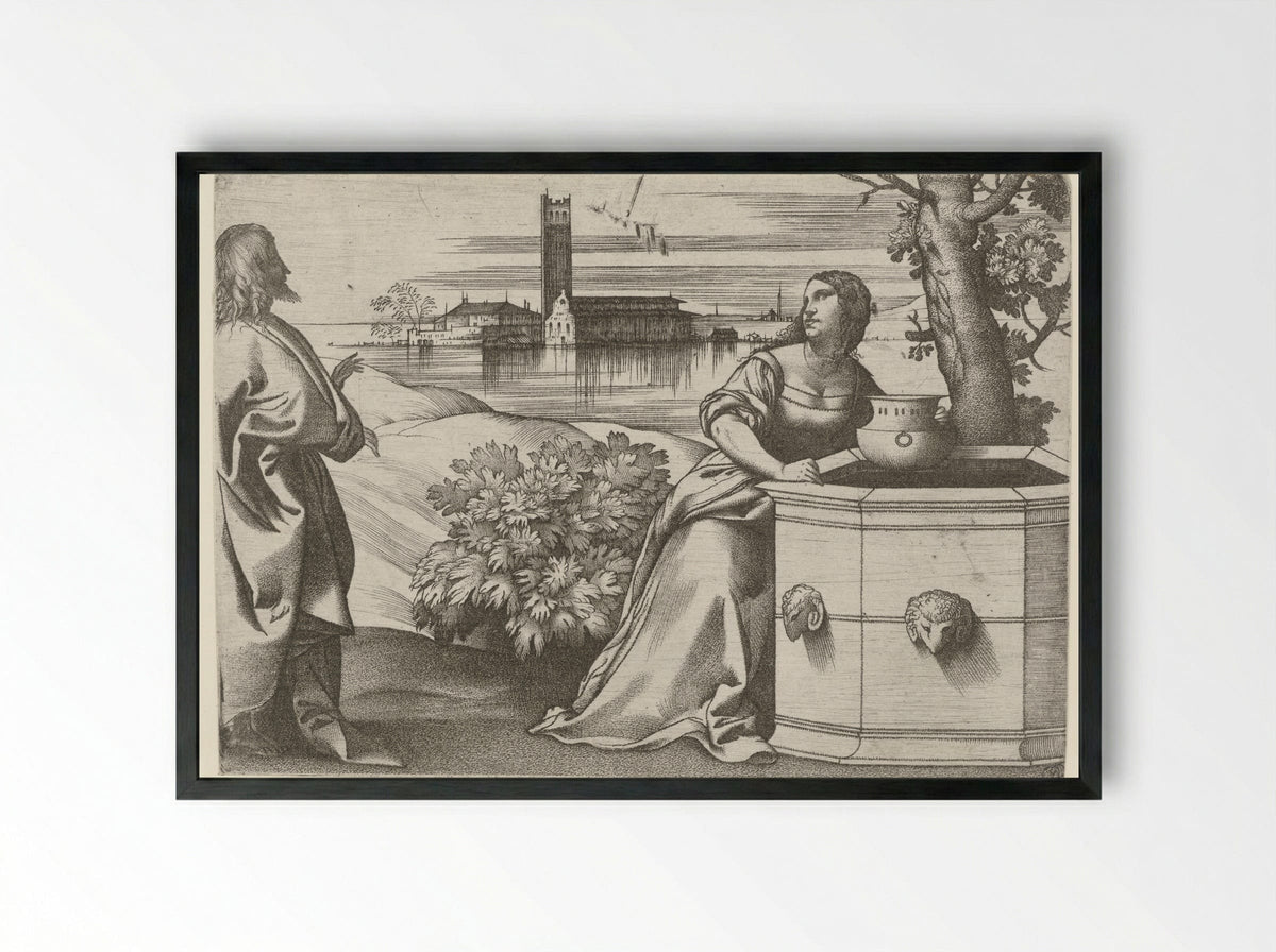 Christ and the Samaritan Woman at the Well - Giulio Campagnola - Framed Print Black