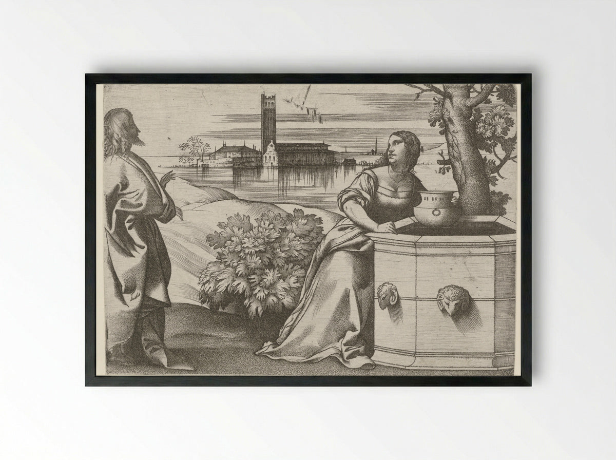 Christ and the Samaritan Woman at the Well - Giulio Campagnola - Framed Print Black