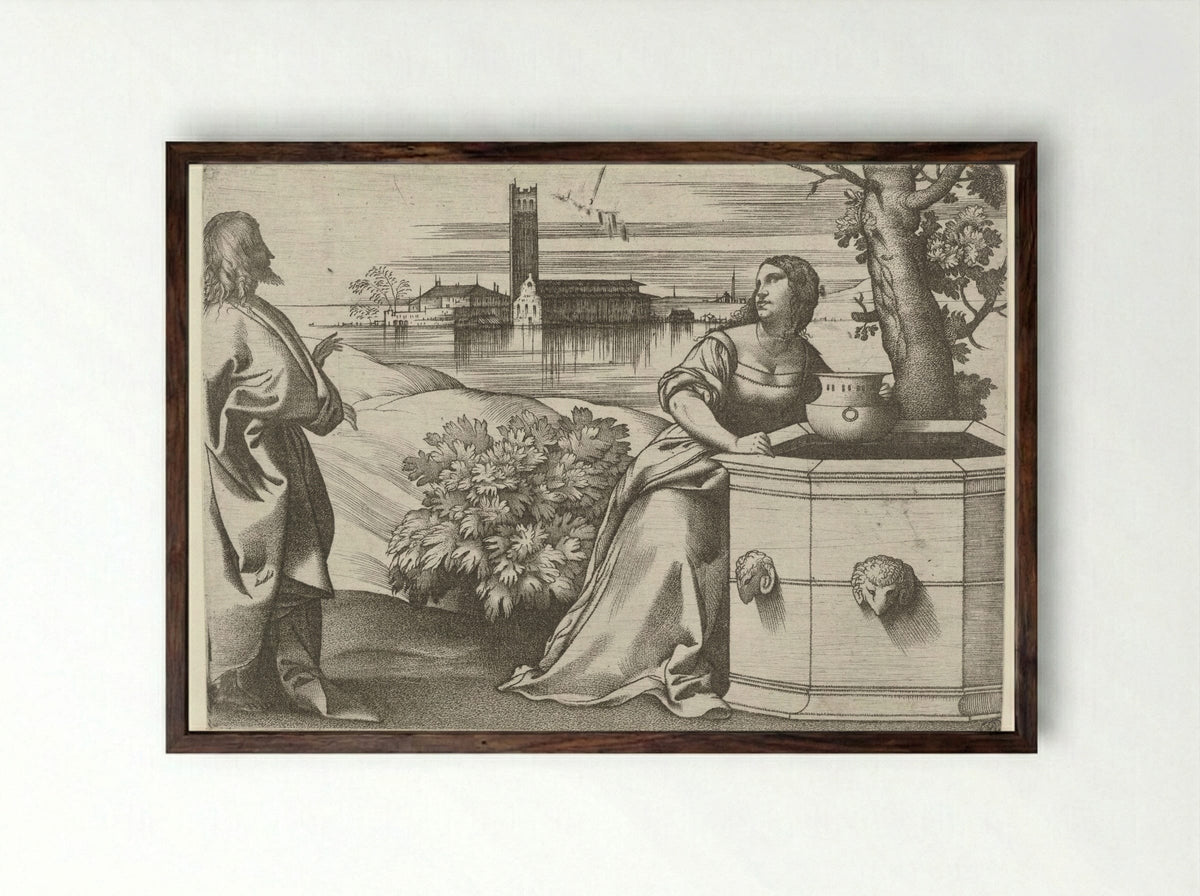 Christ and the Samaritan Woman at the Well - Giulio Campagnola - Framed Print Dark Wood