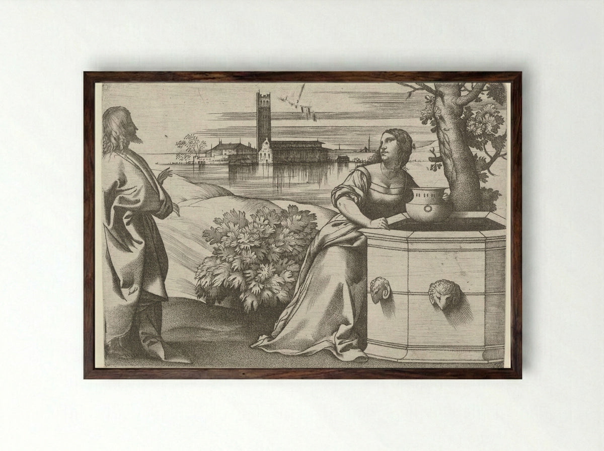 Christ and the Samaritan Woman at the Well - Giulio Campagnola - Framed Print Dark Wood