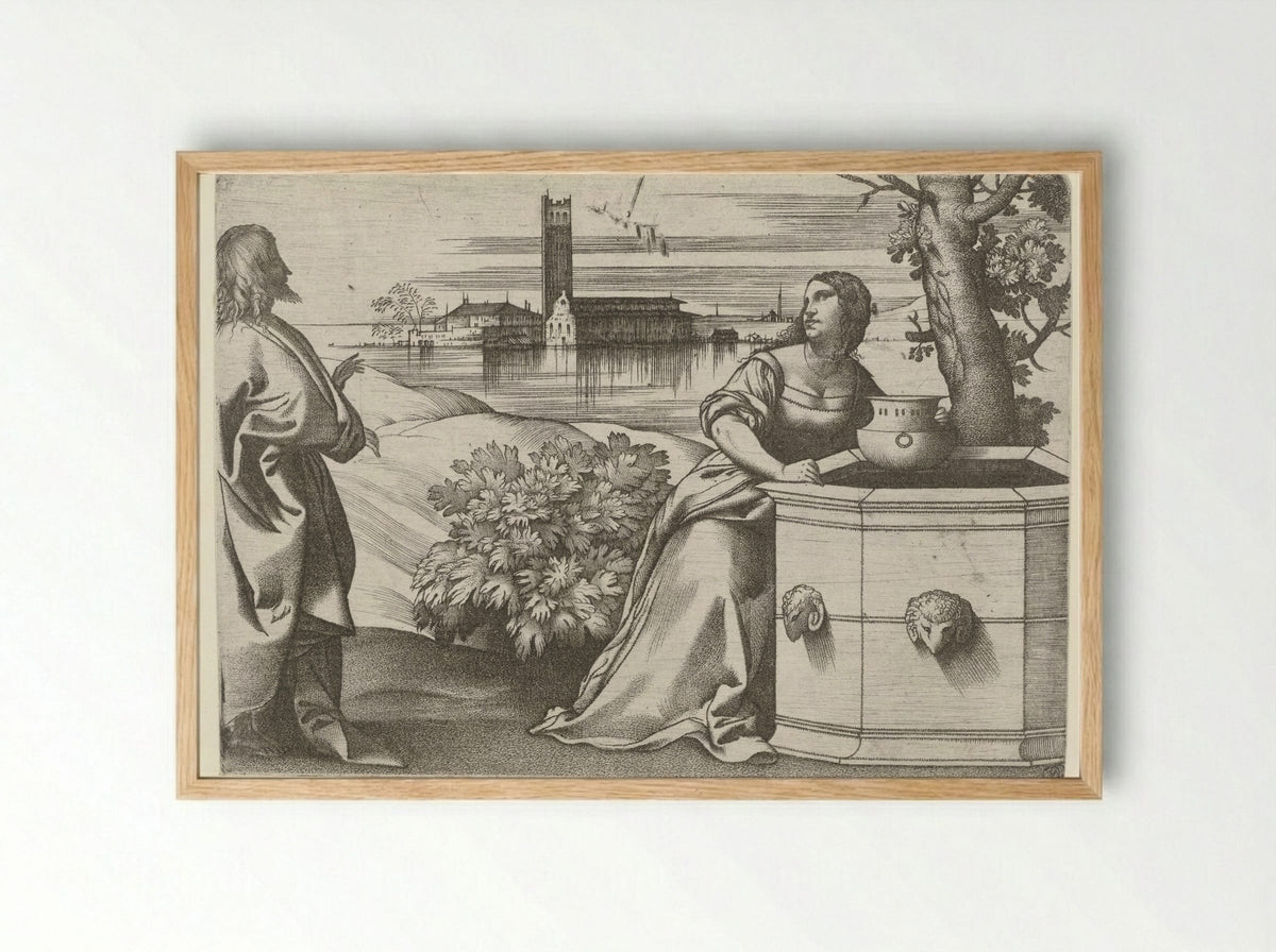 Christ and the Samaritan Woman at the Well - Giulio Campagnola - Framed Print Wood