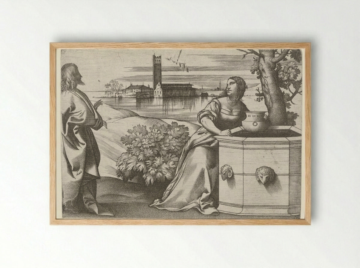 Christ and the Samaritan Woman at the Well - Giulio Campagnola - Framed Print Wood