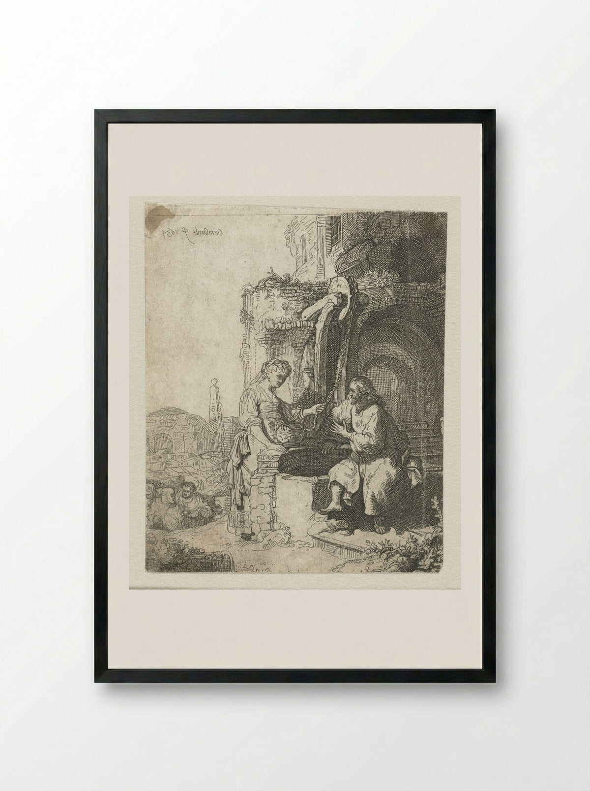 Christ and the Woman of Samaria Among Ruins - Rembrandt van Rijn - Framed Print Black