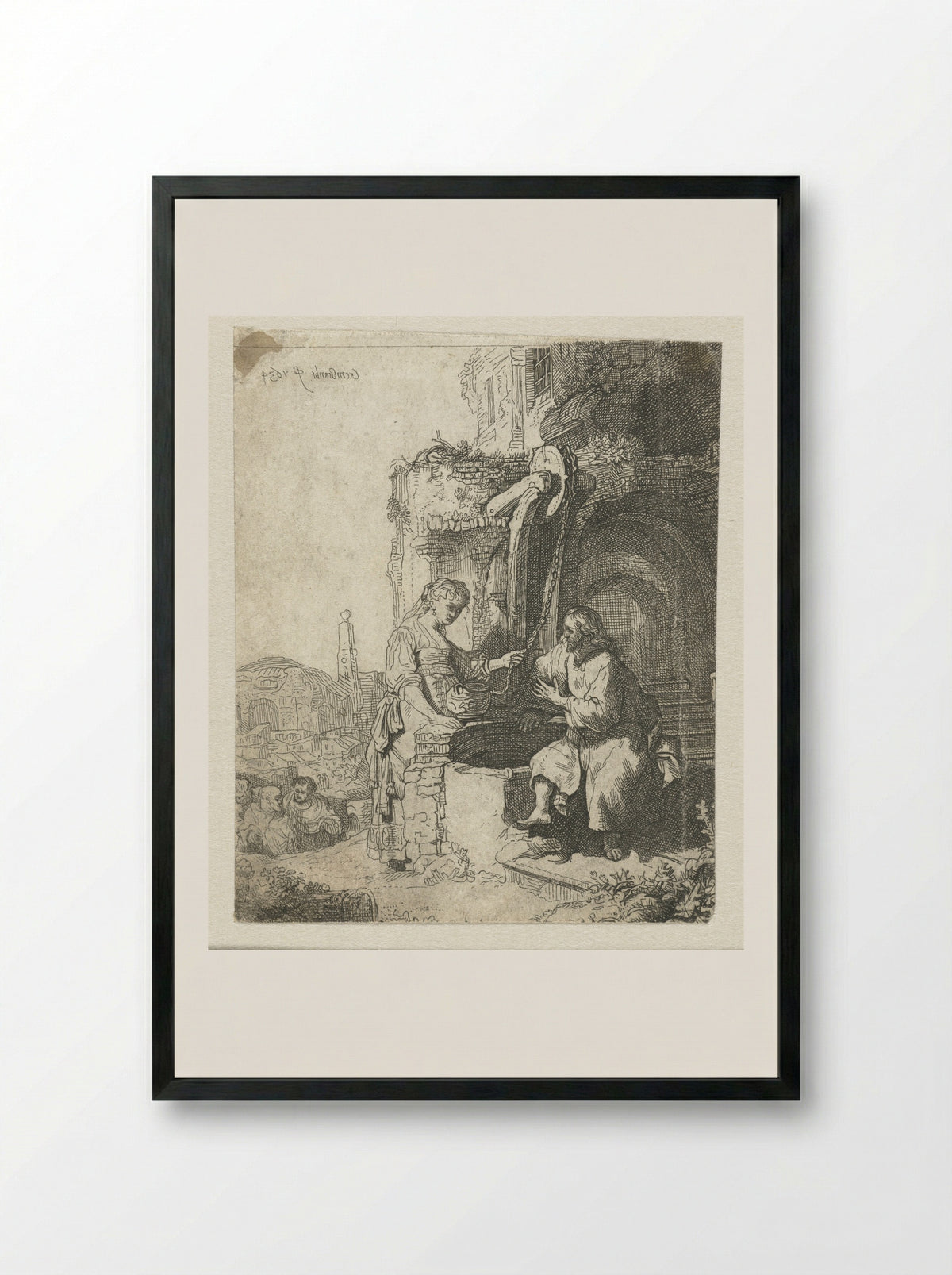 Christ and the Woman of Samaria Among Ruins - Rembrandt van Rijn - Framed Print Black