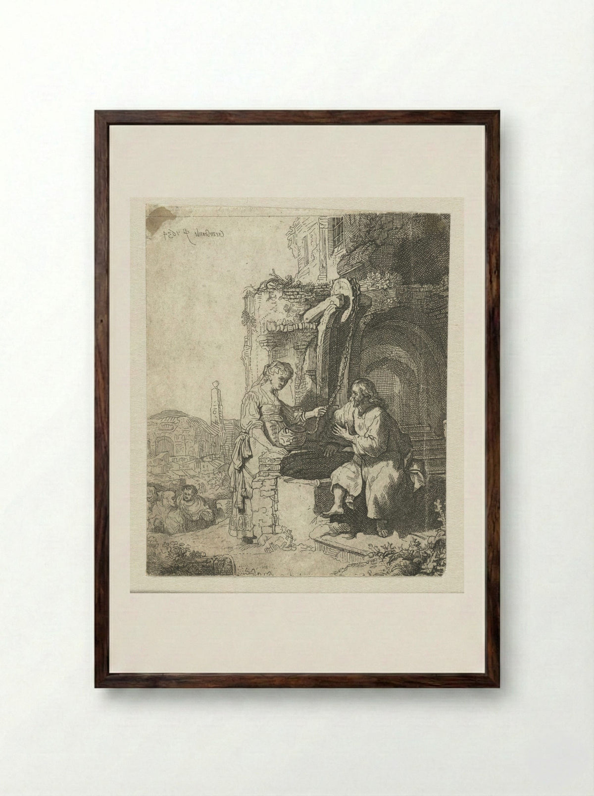 Christ and the Woman of Samaria Among Ruins - Rembrandt van Rijn - Framed Print Dark Wood
