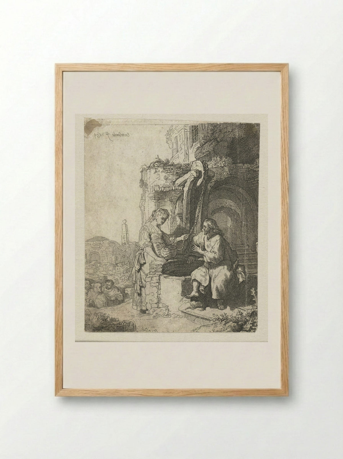 Christ and the Woman of Samaria Among Ruins - Rembrandt van Rijn - Framed Print Wood