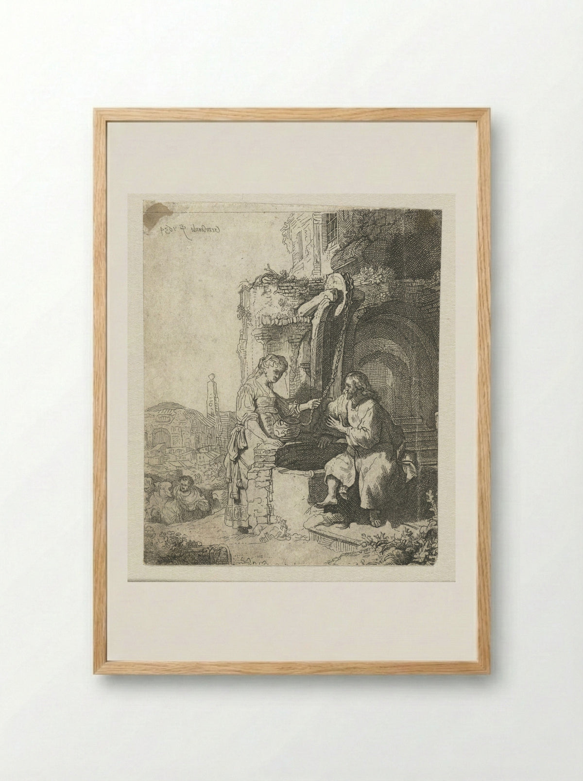 Christ and the Woman of Samaria Among Ruins - Rembrandt van Rijn - Framed Print Wood