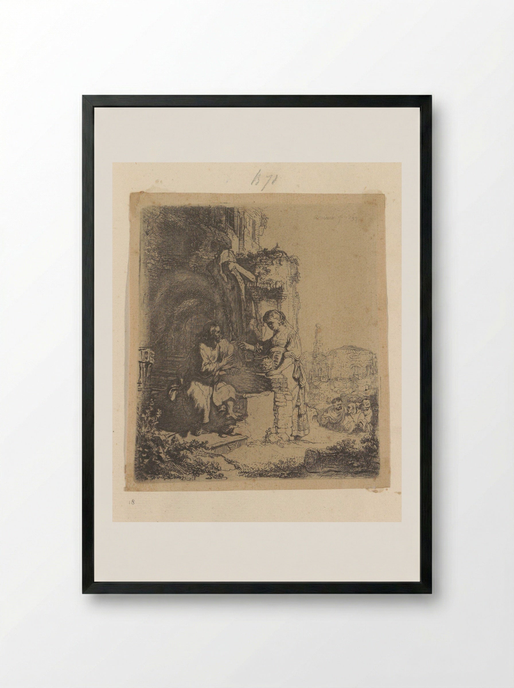 Christ and the Woman of Samaria: Ruins in the Background - Henry Louis Basan - Framed Print Black