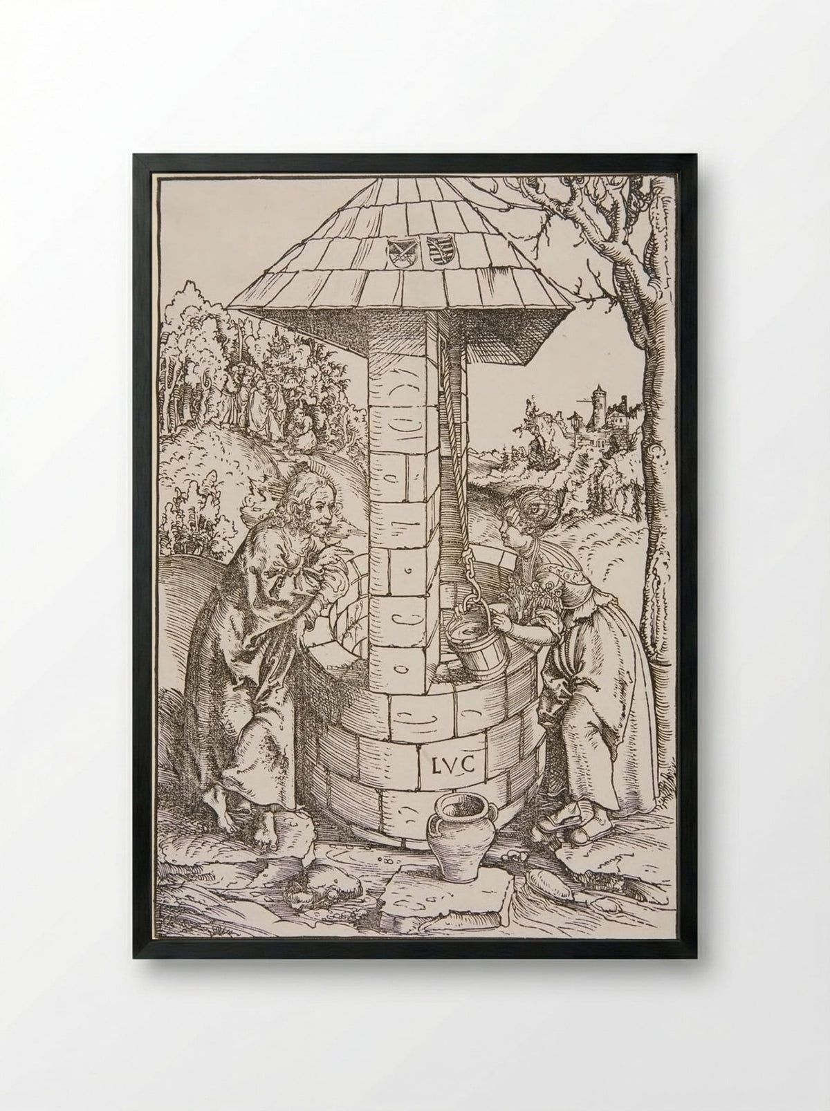 Christ and the Woman of Samaria - Lucas Cranach the Elder - Framed Print Black