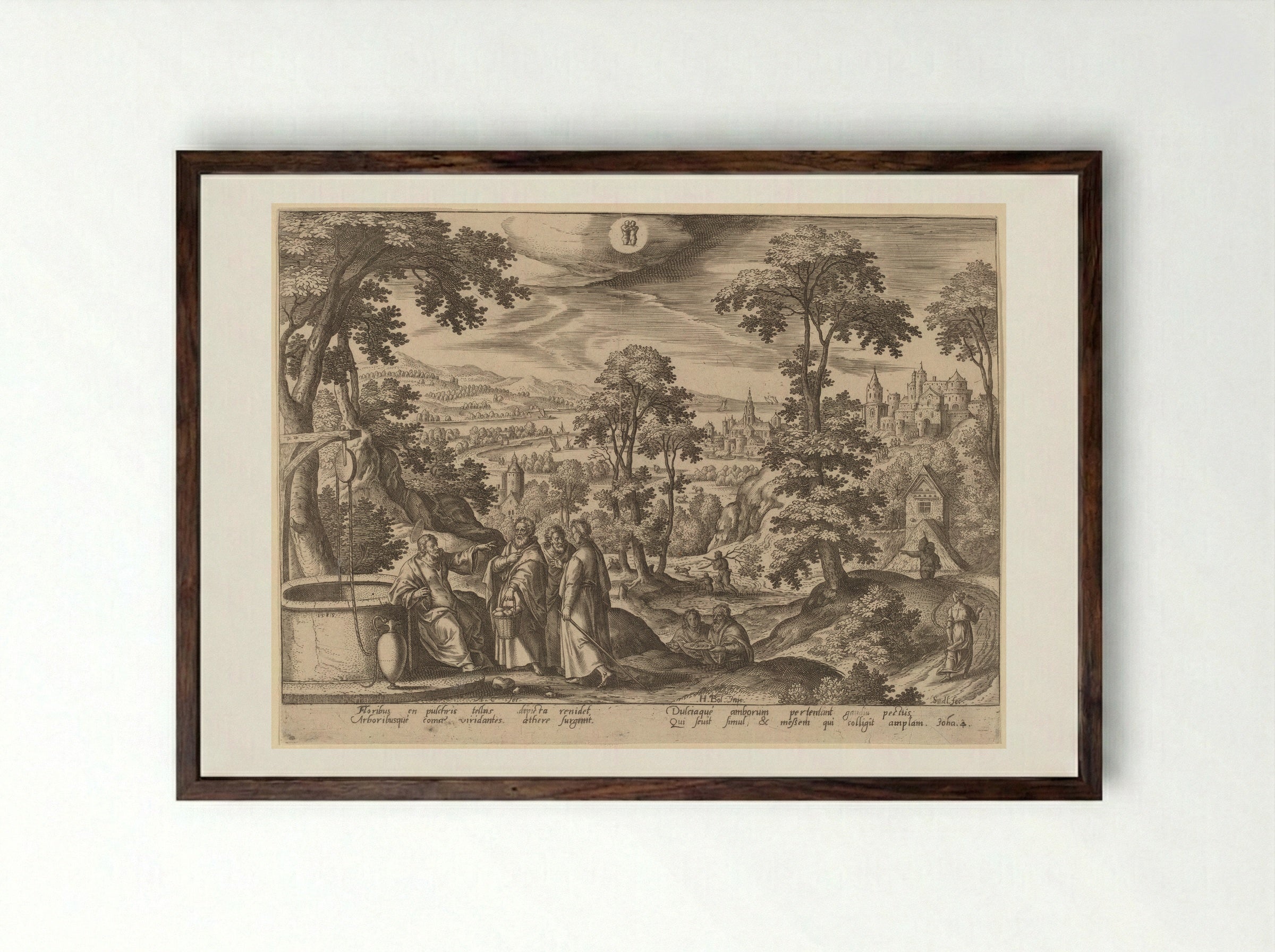 Christ and the Woman of Samaria - Adriaen Collaert - Framed Print Dark Wood