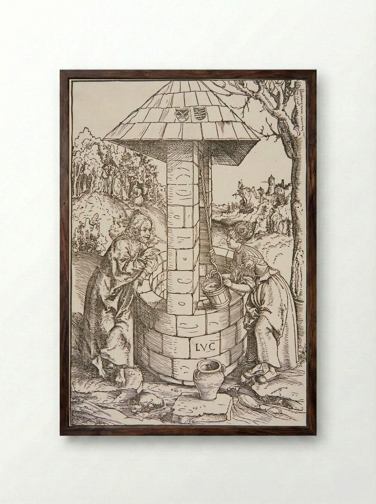 Christ and the Woman of Samaria - Lucas Cranach the Elder - Framed Print Dark Wood