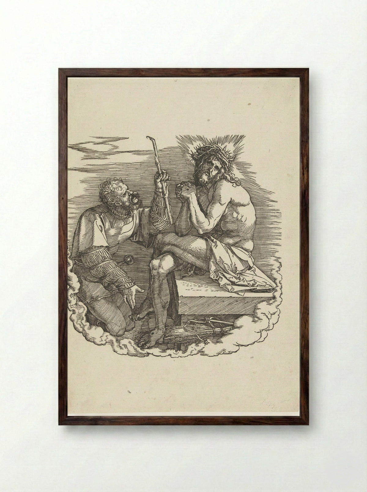 Christ as the Man of Sorrows Mocked by a Soldier - Albrecht Dürer - Framed Print Dark Wood
