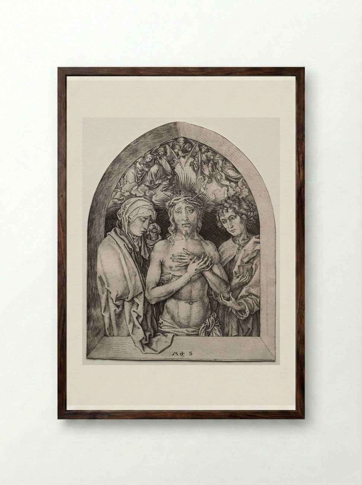 Christ as the Man of Sorrows between the Virgin and St. John - Martin Schongauer - Framed Print Dark Wood