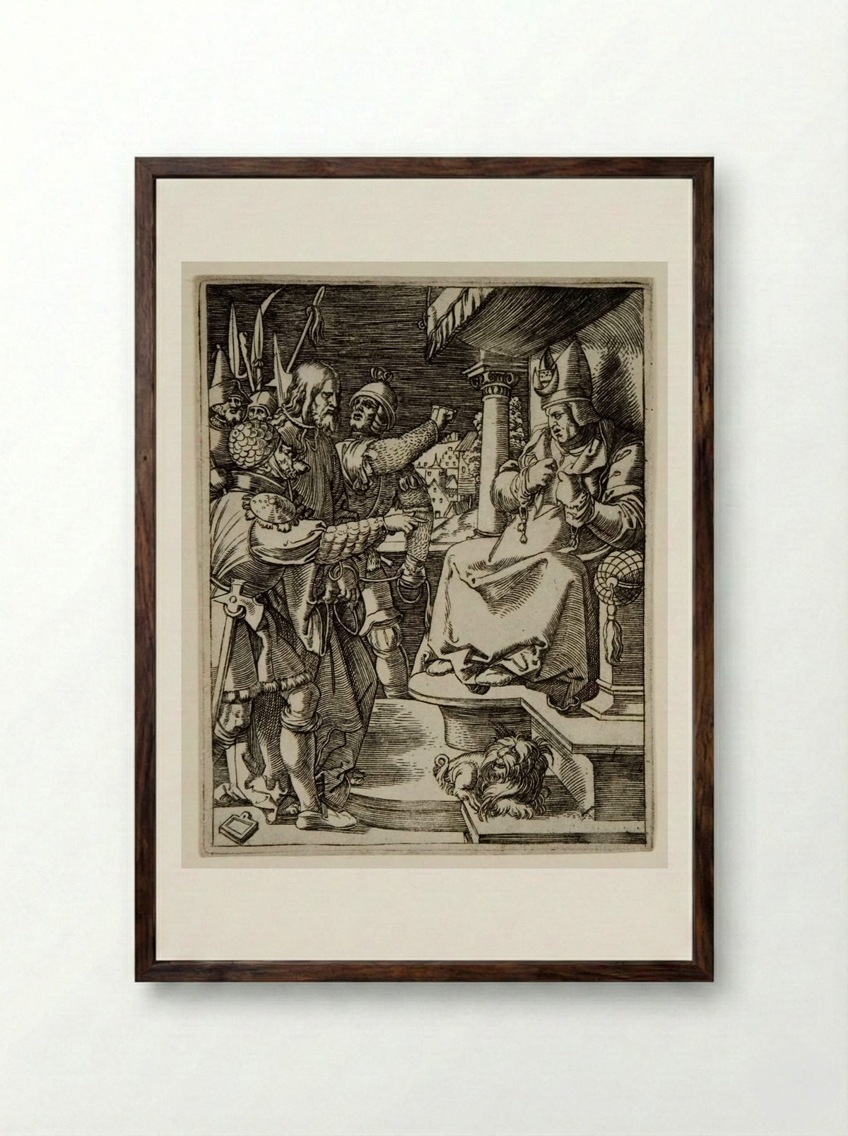 Christ before Caiphas - Marcantonio Raimondi - Framed Print Dark Wood